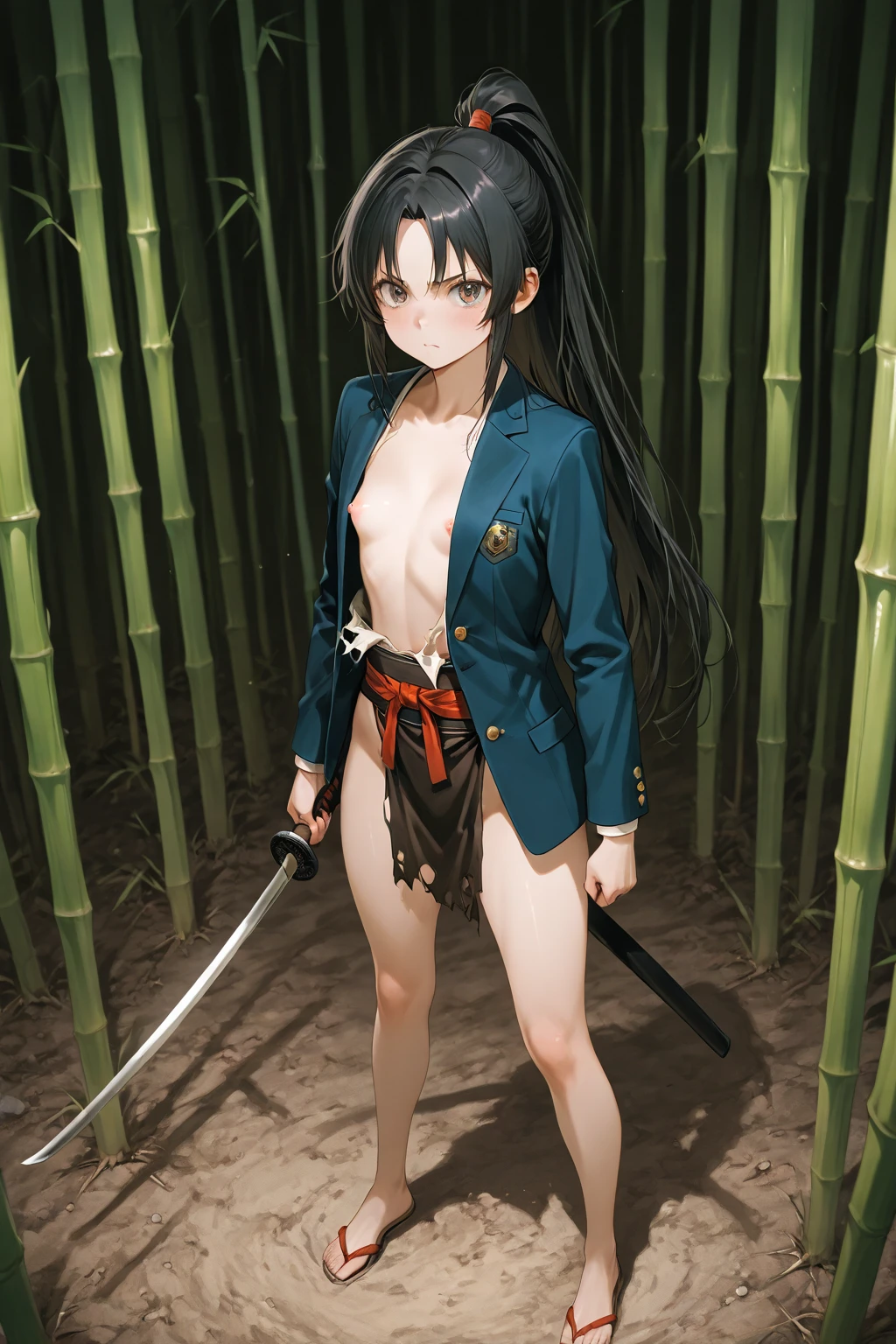 ((masterpiece,best quality anime,Highest quality:1.3)),realistic,cowboy shot,(30 year old beauty),Female ninja,1woman,独奏,((very small head:1.4)),((very long body:1.3)),black hair,bangs,straight long hair,gorgeous big eyes,black eyes,Breather、((tan skin:1.5))、((Injury,mole)),((slender body:1.3,skinny)),medium breasts,naked,nipples,gleaming skin,shiny skin,sweat,(Holding a Japanese sword、Sword stuck in the ground),standing,Old shrine in the mountains、night,nsfw,