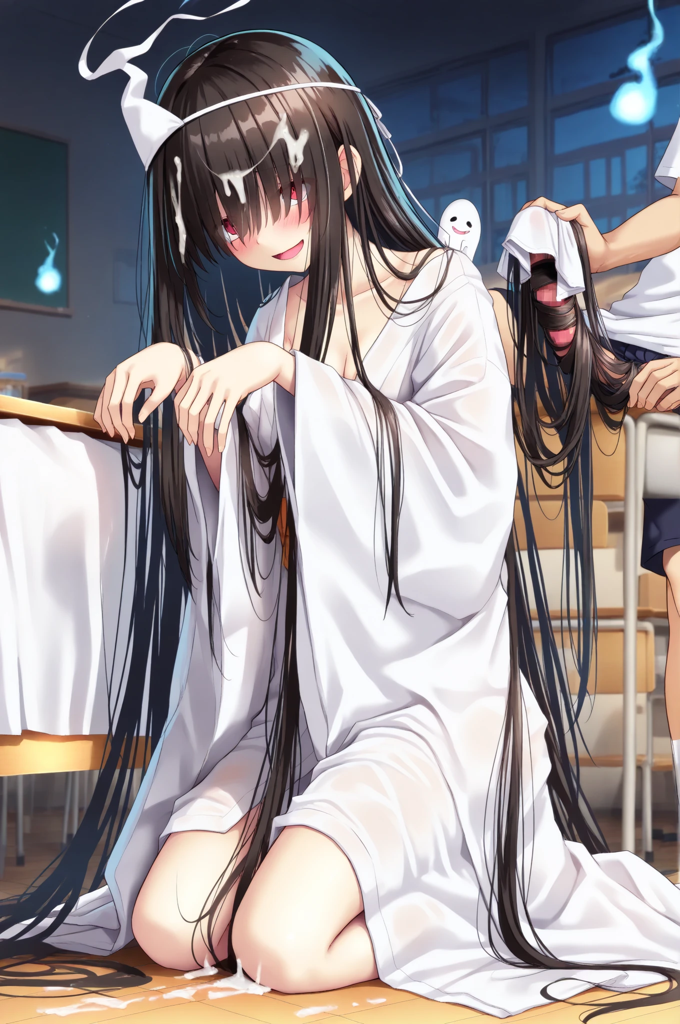 nsfw,(black hair),(very long straight hair),ahegao,double peace,(3boys),((1loli)),(multiple boys),completely nude,vaginal sex,hand job,excessive cum,