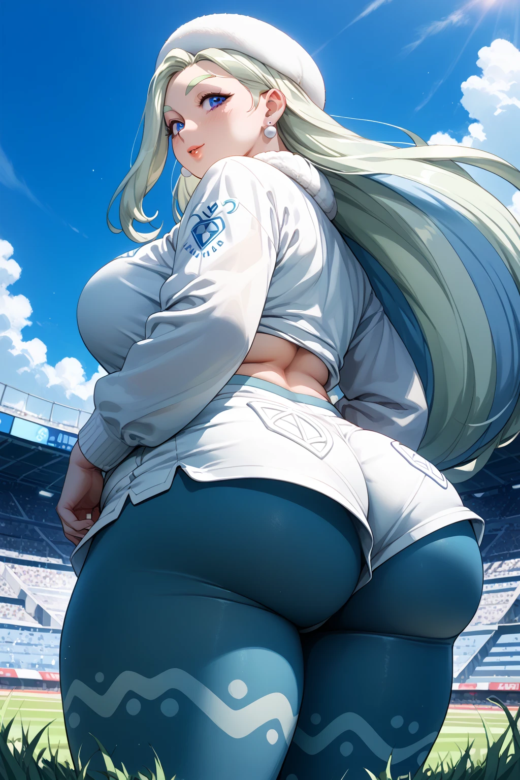 1girl, large breasts, breasts, thick thighs, wide hips, blue eyes, from behind, dark skin, white hair, sportswear, stadium, from behind, yellow eyes, ass, shy, blush, timid, shirt, cameltoe