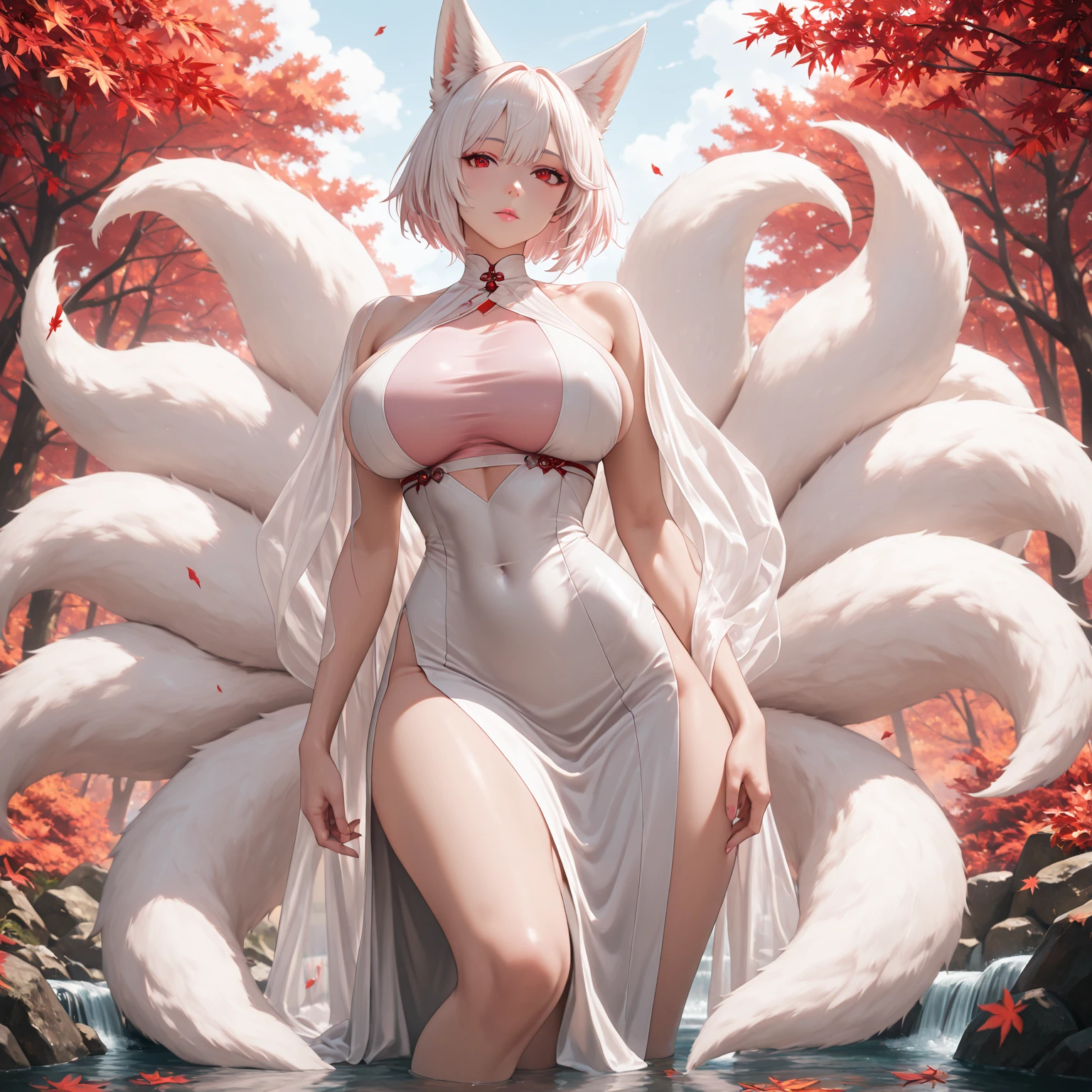 (highest quality), masterpiece, 极其细致的CG8K插Painting, High collar, Extremely High collar saturation, All colors become darker, Painting, Graffiti art, center composition, Highly detailed lights and shadows, The face and eyes are very detailed., ((Big Breasts:1.6, Naked Girls:1.4)), colorful, ((Fox in heat:1.5, Fox&#39;s Tail:1.2, Weakness on your back:1.3)), Platinum Blonde Hair, Pink nipples, under the cherry tree