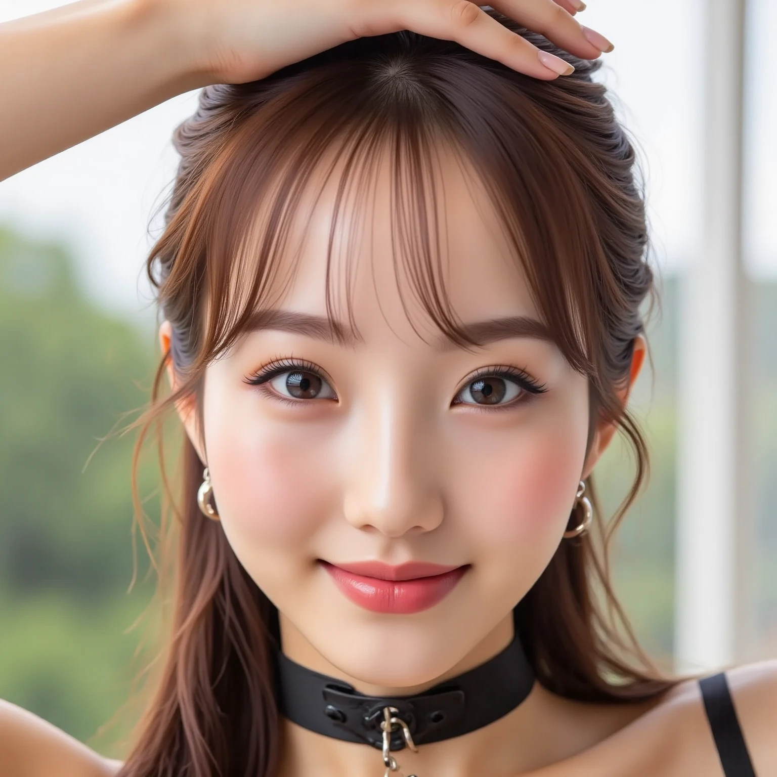 triangle-bikini,(open mouth:1.5),(tongue out:2),Kneeling,Hands between legs,Collar with leash,front view,face focus,from above(1girl,Beautiful 14 year old girl,teenager),((Slender,Small breasts,Small face,)),(looking at viewer),Black Hair,bangs,straight,Beautiful and detailed,Balcony