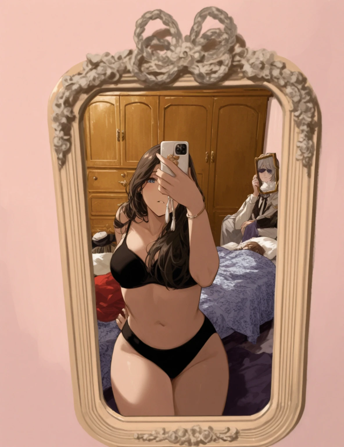 mulher de lingerie se olhando no espelho, thicc, usando lingerie sexy, Amouranth, looking from behind, 2 2 anos, ava max, 21 anos, mais conhecido como Amouranth, angelawhite, olhar sexy, viewed from behind, photo from behind, view from behind, 18 anos, pawg