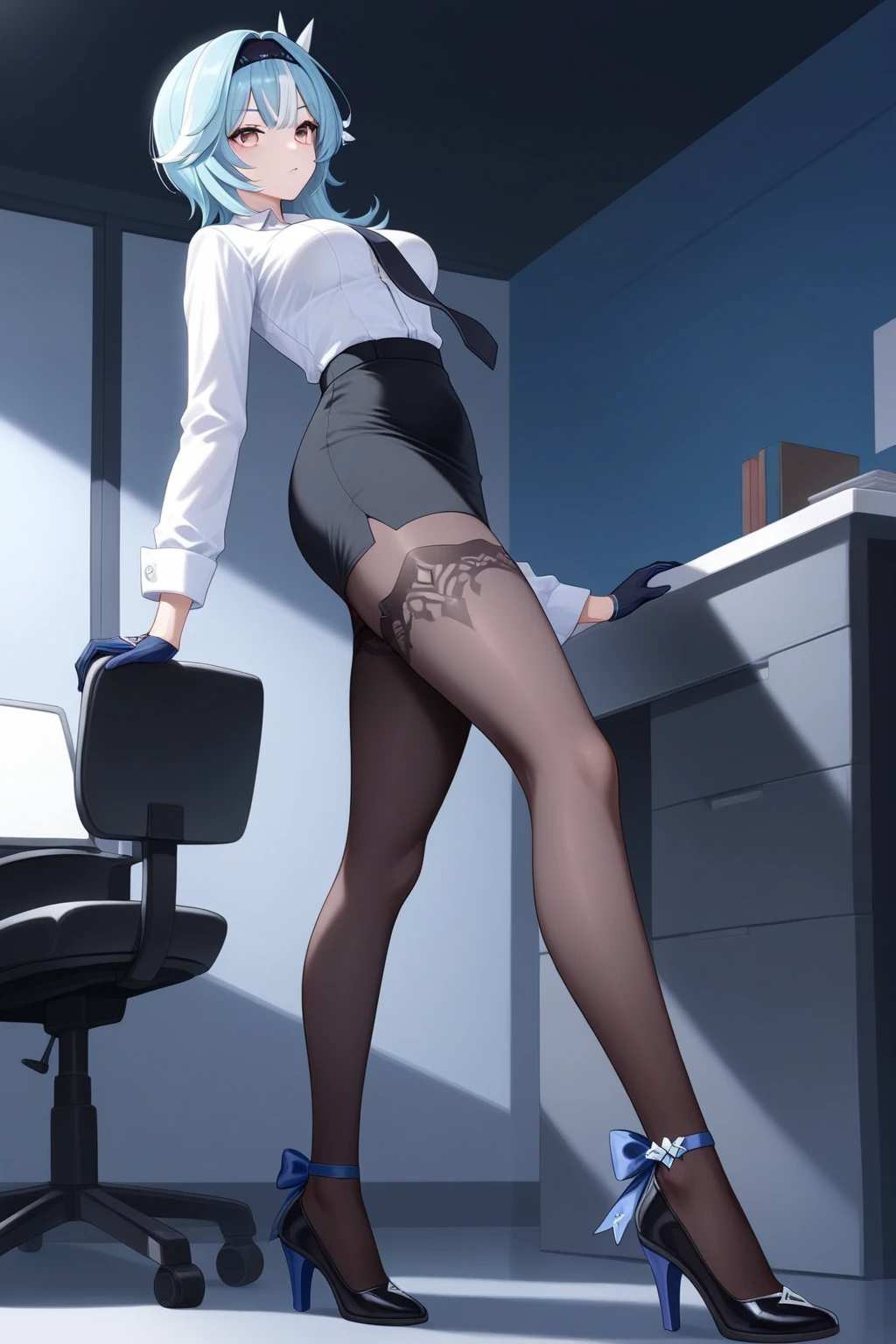 2girls, working, full body, fit, muscular, petite body,cowboy shoot, sharp detailing ((8K, HD, ultra smooth rendering, detail, ultra detailing, dynamic lighting, dynamic range, (((POV))), detailed 360° office background, cinematic)) (bright skin: 1.5)) ((realistic skin texture: 1.8)) seductive pose, seducing face, smile-mouth slightly open, makeup, detailed pupils, half-closed eyes, banged, offside pupils, black hair, short haircut, office lady, wearing blue suit, uniform, wet white shirt, mini skirt, black transparent stocking, garter belt, wearing heels, spread legs