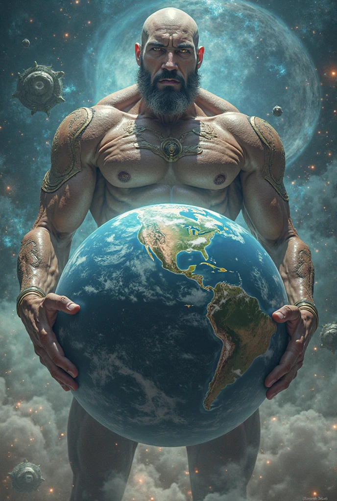 Photorealistic, ((best quality)), ((masterpiece)), (detailed), solo, 1man, ancient mythology, greek mythology , he is Atlas, holding the planet earthh on his back, the titan carrying the world Earth, massive planet Earth on his shoulders, he is struggling to hold the planet Earth on his back, he is carrying the planet Earth on his back, the planet Earth is on his back, dark fantasy scene, dark fantasy photography, 1boy, 8k, high detailed, ultra-detailed, Stylish Pose, real skin texture, dark cinematic lighting, 18-year-old male model, handsome, tall, cute looking, evil look, dark look, powerful, a young male handsome model, super strong, muscular, fit, massive muscles, six pack, clean shave, blue eyes. short messy brown hair, messy hair, ancient Greek small skirt, linen antique draped cloth skirt, ancient outerspace, constellation, galaxies, stars in the background

