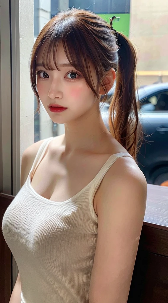super high quality, Fashion Model, Slenderのネックレス, Slender, The staff is working at the counter in the back., (8k、RAW Photos、Highest quality、masterpiece:1.2), Stylish café, Fashion magazine photoshoot, (Realistic、Photorealistic:1.37), Beautiful Face , Mesh Hair, Urban Cafe, Golden Ratio, Raw photo, Small breasts, Bright cafe interior, Blurred Background, Summer clothes, Beauty, Cafe Terrace, Open Cafe, Photographed inside the cafe, 20-year-old, Hair blowing in the wind, Neat clothes, ponytail, Cool older sister, Stylish clothes,
