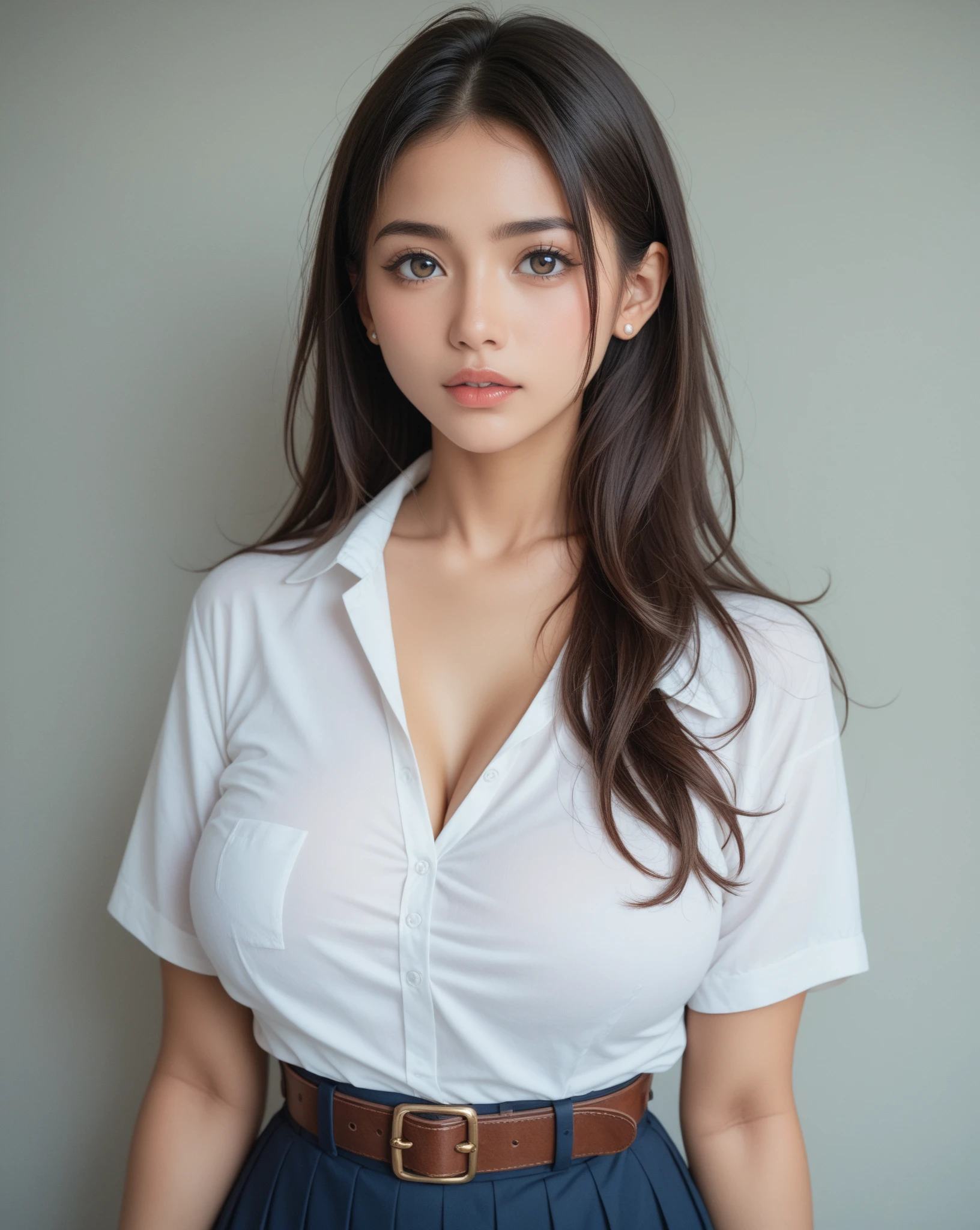 In his bedroom, looking at the landscape through the window, focusing on his left profile, Sudar y mojar la ropa, Editorial photograph of a 20-year-old woman, extremadamente detallado eyes, detailed symmetrical realistic face, extremadamente detallado natural texture, con su blusa completamente desabrochada casi mostrando su gran pecho sin abrazadera debajo de la blusa, pecho grande, Manos altas y detalladas perfectas, Dedos altos y detallados perfectos, Hermoso rostro, Ojos perfectos de alto detalle, Hermoso gradiente, mujer hermosa, Limpieza detallada, dynamic pose, pecho masivo, uniforme escolar, mini falda, obra maestra, absurdos, nikon d850 film stock photography, camara kodak portra 400 f1.6 lentes, extremadamente detallado, asombroso, buen detalle, Colores ricos, textura realista hiperrealista, dramatic lighting, Motor irreal, cinestill 800 tungsteno, Mirando al espectador, foto realista, foto cruda, alta calidad, high resolution, Sharp focus, extremadamente detallado, cinematic lighting, 8k UHD
