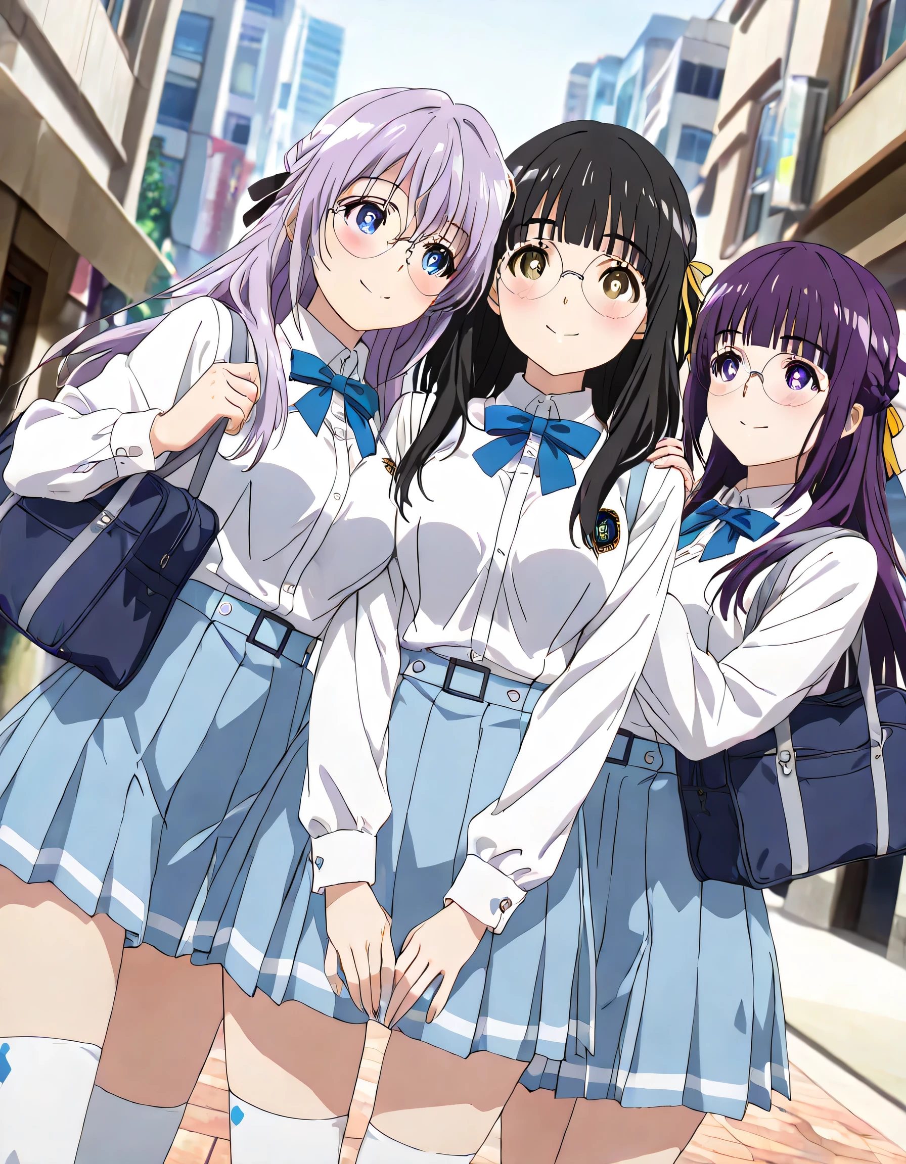 ((ultra-detailed)), (highly detailed CG illustration), (best quality:1.2), ultra-highly detailed, colorful composition, artistic photoshoot, 3girls, trio focus, Yuri:1.3, side by side, shoulder-to-shoulder:1.4, side-by-side, moe anime character, dainty facial structure, face, round face, rounded chin, short stature,  school uniform, blue stripe neck bow, long sleeves white shirt, blue checked pleated skirt, and white high socks, school bag from shouder, smile:1.3, happy:1.3, joyful:1.3, blush:1.3, ample breasts, cowboy_shot, dynamic_angle, eye contact, BREAK

 (girl A is Sena:1.2), girl, thick eyebrows, half updo, sagging eyes, long hair, black hair:1.3, brown eyes, (wearing glasses:1.3), (round eyewear:1.3), black hair color:1.3, half updo, hair ribbon with light blue, BREAK

(girl B is Marika:1.2), girl, blue eyes:1.3, sagging eyes:1.3, silver hair:1.3, long hair, two side up,  hair ribbon with black,   BREAK

(Girl C is Fern:1.2), fern, long hair, bangs, purple eyes, purple hair, sidelocks, blunt bangs, bright pupils, half updo, BREAK

dynamic pose, contrapposto pose:1.3, from front, street background, cityscape, sunshine, gentle smile:1.3, blush:1.3, expecting, pink cheek, pink gloss slip:1.2, portrait, depth of field, soft lighting, sidelighting, caustics, ray tracing, lustrous skin, highly detailed face, highly detailed eyes, perfect nose, perfect anatomy, beautiful hair, beautiful small face, beautiful detailed eyes, beautiful clavicle, beautiful body, beautiful breasts, leavage, breasts squeezed together, beautiful thin thighs, beautiful legs, beautiful fingers, lovely, (very detailed background:1.0), (highly detailed background:1.0), early summer aesthetic, intricate details, fun female friend atmosphere, early summer colors palette, chromatic aberration
