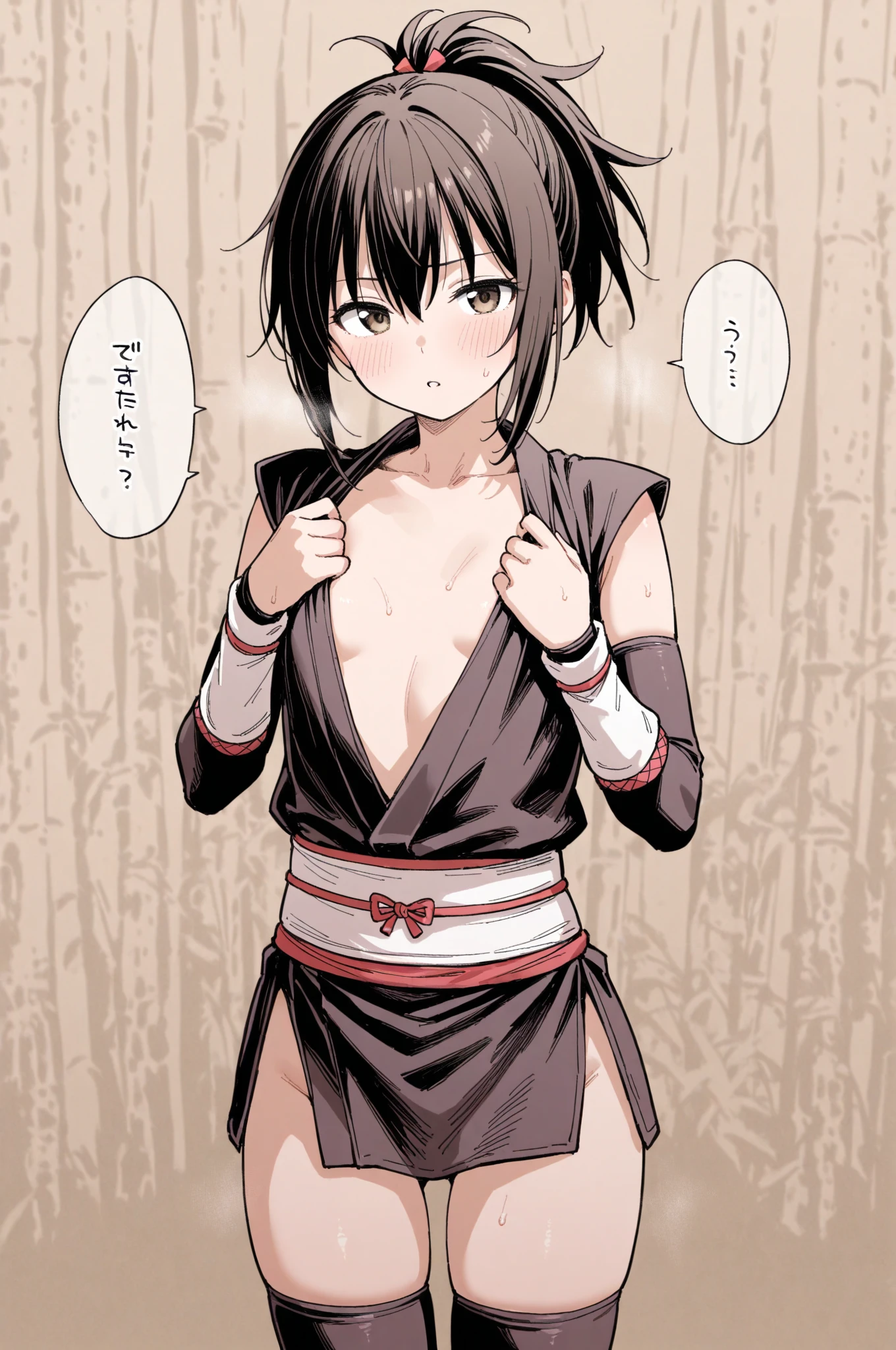 anime screencap, forest,path, 1girl, solo, , short hair, black hair, purple eyes, japanese clothes, smile, looking at viewer, black kimono, hair between eyes, cowboy shot, wide sleeves, facing viewer, black hakama,white_sash, undressing, navel, hand on own stomach, looking down, blush, black bra, medium breasts,