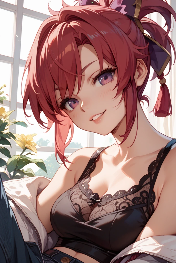 Highest quality、highest quality、Highest Resolution、beautiful girl, Bright red hair,Short Hair、Big Tits、Hair clip, Detailed purple eyes, A gorgeous red dress that looks like underwear,Firm breasts,Gold Necklace、Golden earrings、In close range、Sexy look、Poses that accentuate the chest、black headband