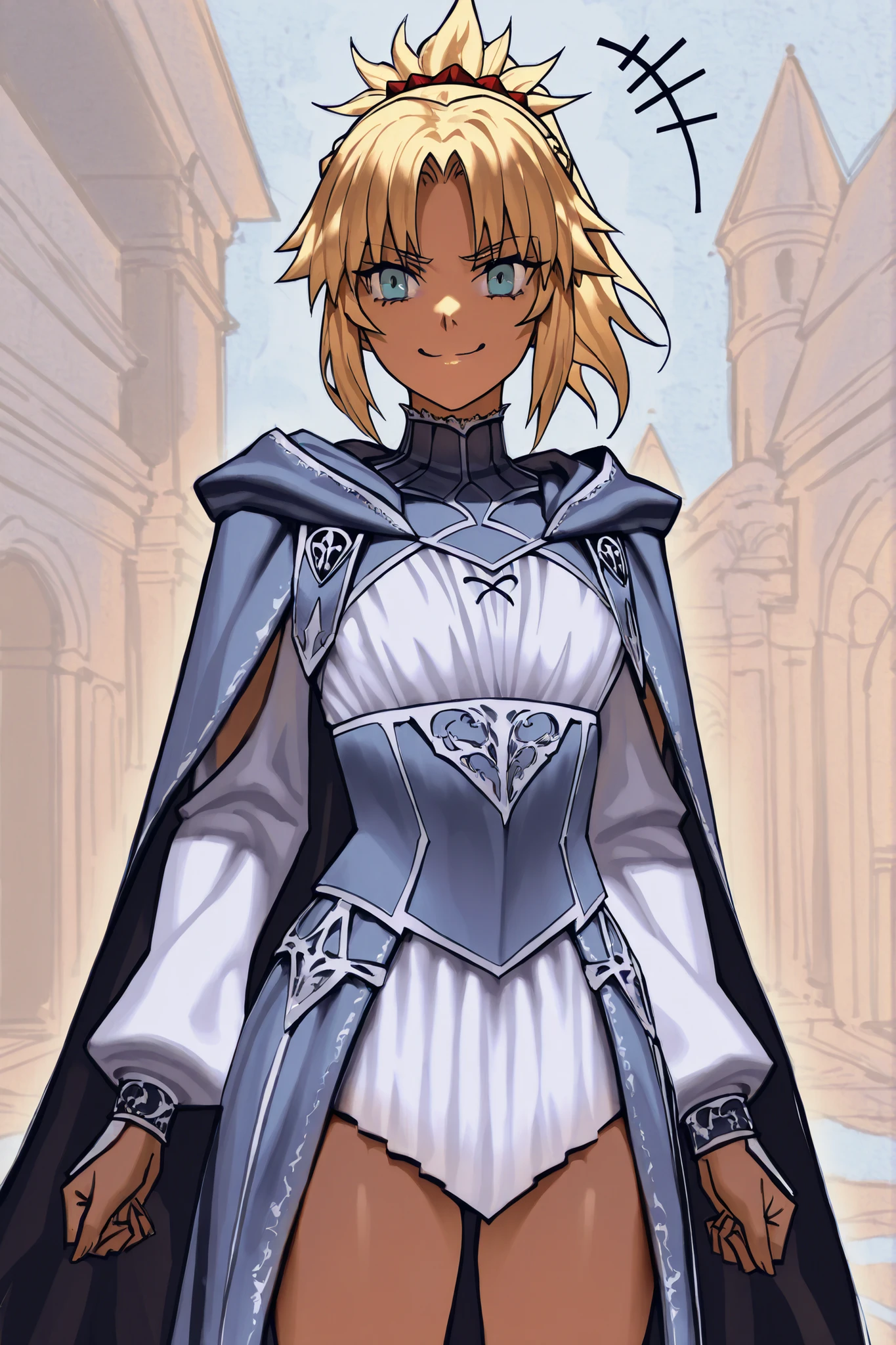blackcloverxl, ((fantasy clothing)), dark skin, ((blonde hair)), ((fantasy paladin)), ((blue eyes)), ((cheerful expression)), ((resembles Mordred from Fate)),  ((daytime background)), 1girl, beautifully drawn, high resolution illustration, best quality, High definition, ((detailed anime sketch)), Masterpiece, (solo), absurdres, ((cowboy shot)), detailed background, fine detail, female focus, HDR,
