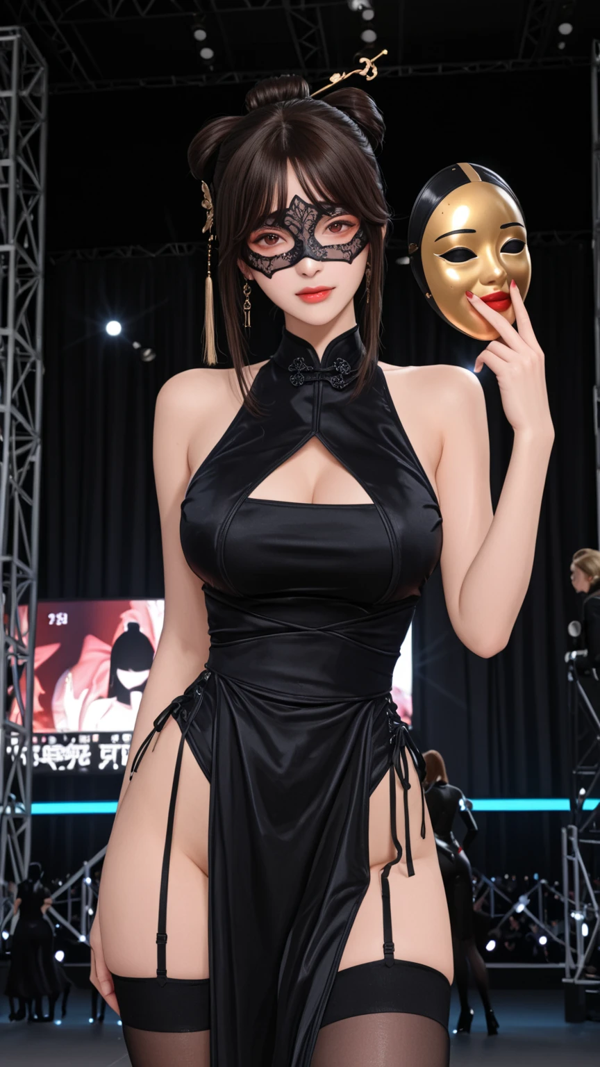 NIPPLES VISIBLE, open chest, flowing white hair, white stockings, breasts visible, sexy pose, hair blowing in the breeze, bow, white mini dress, garter belt, jenni blackpink, black lips, glasses