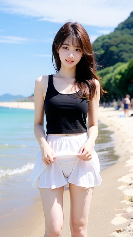 Highest quality, 8K, 11 years old、girl、Fluffy long hair、Tank top、mini skirt、Wet body、smile、 the sea,