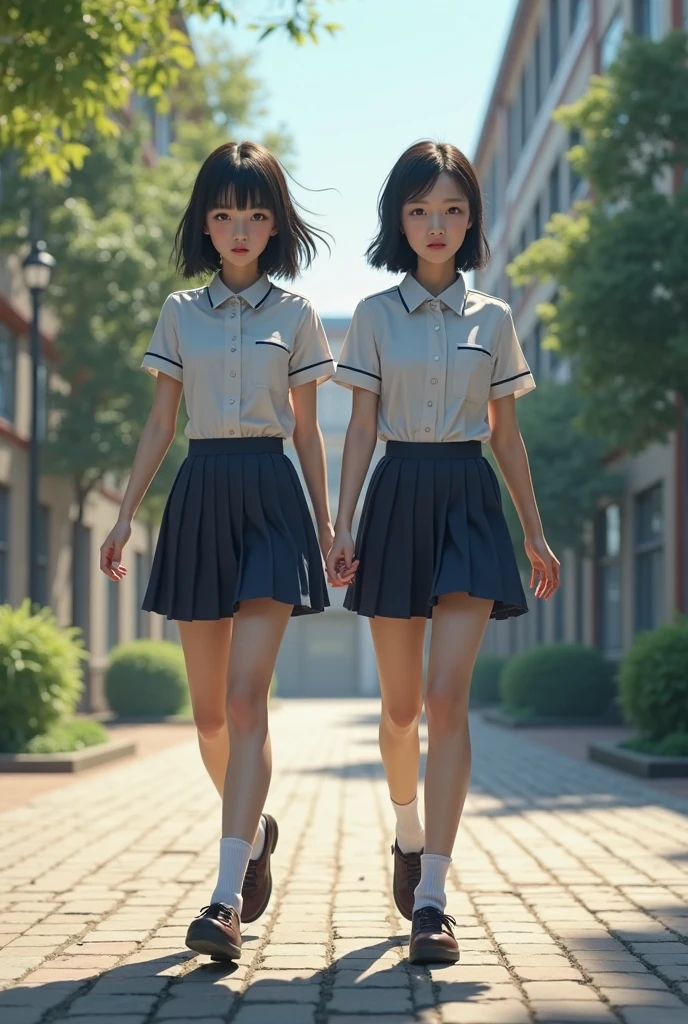 Asian teen, sharp face, small nose, pink small lips, grey asian eyes, grey short bangs, white school shirt, grey short skirt, short white socks, black fancy shoes