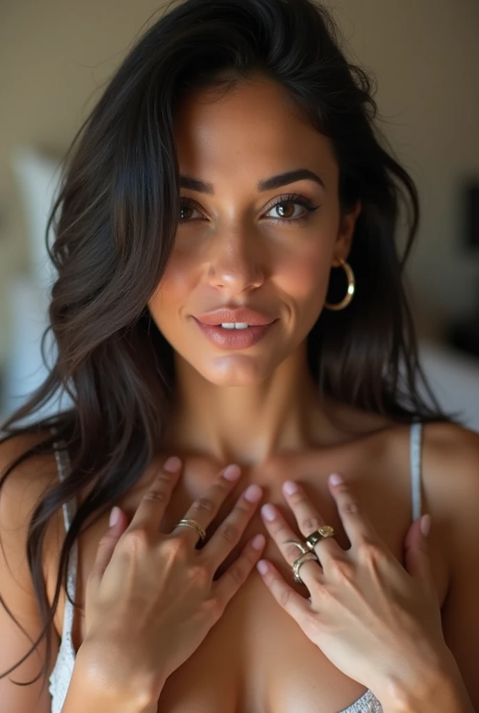 cinématographique, photographie de mode, plan du corps entier, plan grand angle, plan de dos, vue de dos, plan en contre-plongée extrême, femme latino-américaine, belle, peau claire, yeux marron clair, quelques taches de rousseur subtiles, joueuse et libre avec les mains, elle porte des leggings, son cou est visible grâce à une magnifique
