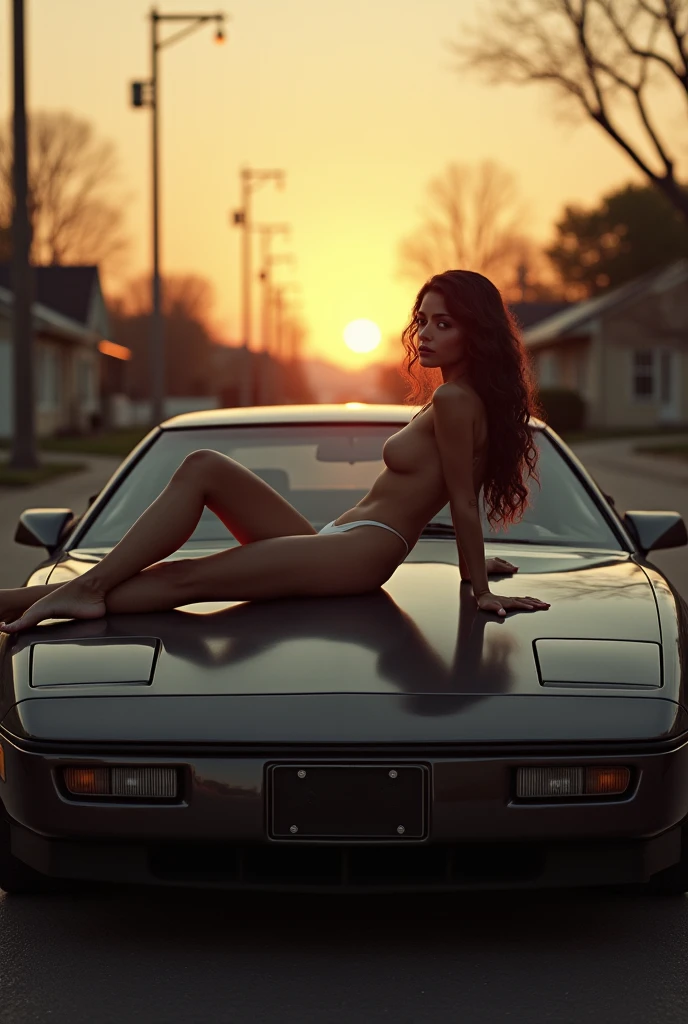 (masterpiece:1.4), (best quality:1.4), retro vintage pin-up style, extremely detailed, intricate, hyper-detailed, illustration, soft lighting, 18 years old tall anorexic skinny model girl, long slender perfect legs, long shapley arms, dark hair, parted and pulled back, very tall skinny model girl, model Kendall Jenner lookalike, ((totally nude model: 1.0)), displaying sexy ennui, ((her mouth is open)), ((nearing orgasm), ((eyes closed)), (perfect_face), ((standing facing the camera: 1.5)), ((sitting on trunk of a red 1967 Pontiac Firebird car: 1.5)), ((she’s wearing no underwear)), ((visible vagina)), ((smooth perfect round white ass)), ((glistening, shiny skin)), ((very red blushing cheeks)), out doors, bleak dry open roadside US California desert landscape, intricate, dramatic lighting, 4k, detailed_background, caustics, full_body, digital_illustration