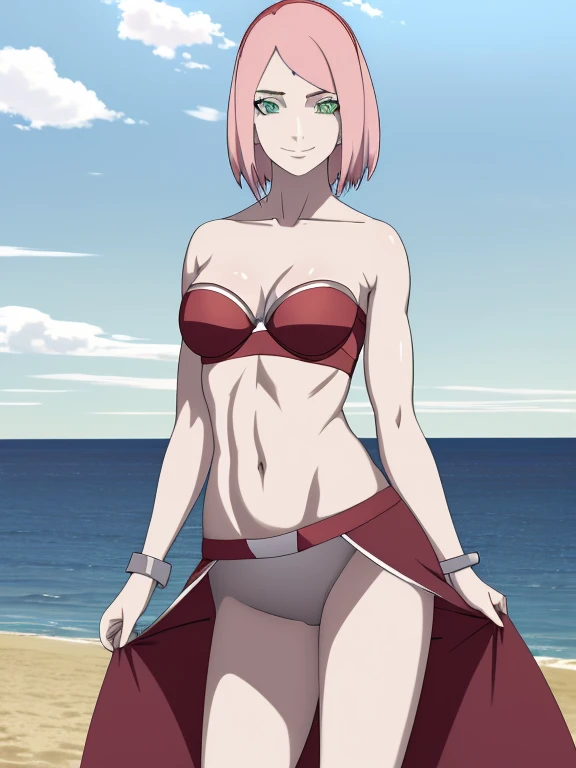anime style, solo, 1 woman, super ultra details, very high resolution, perfect anatomy, ultra detailed face, high vibrance, (blue light), ((cold colors)), 1girl, haruno sakura, (tall, thin belly, off-shoulders, biceps, closed fists, pale skin, long belly, small breasts, forehead mark), ((red t-back bikini, red hair band)), looking at viewer, (beach, stretching, armpit line), floating hair, big smile, cowboy shot, (reddish pink hair, short hair), spring time((((sexy pose))))((((((35 years old sexy body))))))(((bib boobs))))((((same costume different pose))))