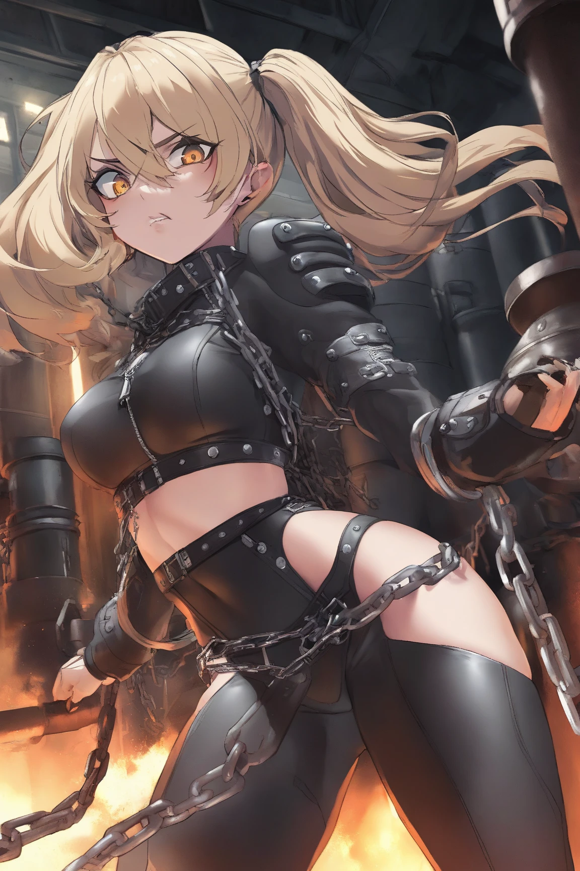 (((magic circle on floor))), shiny skin, shiny body, 1girl, blond hair, red eyes, armpit, (kneeling), (on knees), (blushed), black leotard, ((suspended arms with chains)), black thighhighs, red belt, bind arms, sad, tear, (hands tied), iron boots,