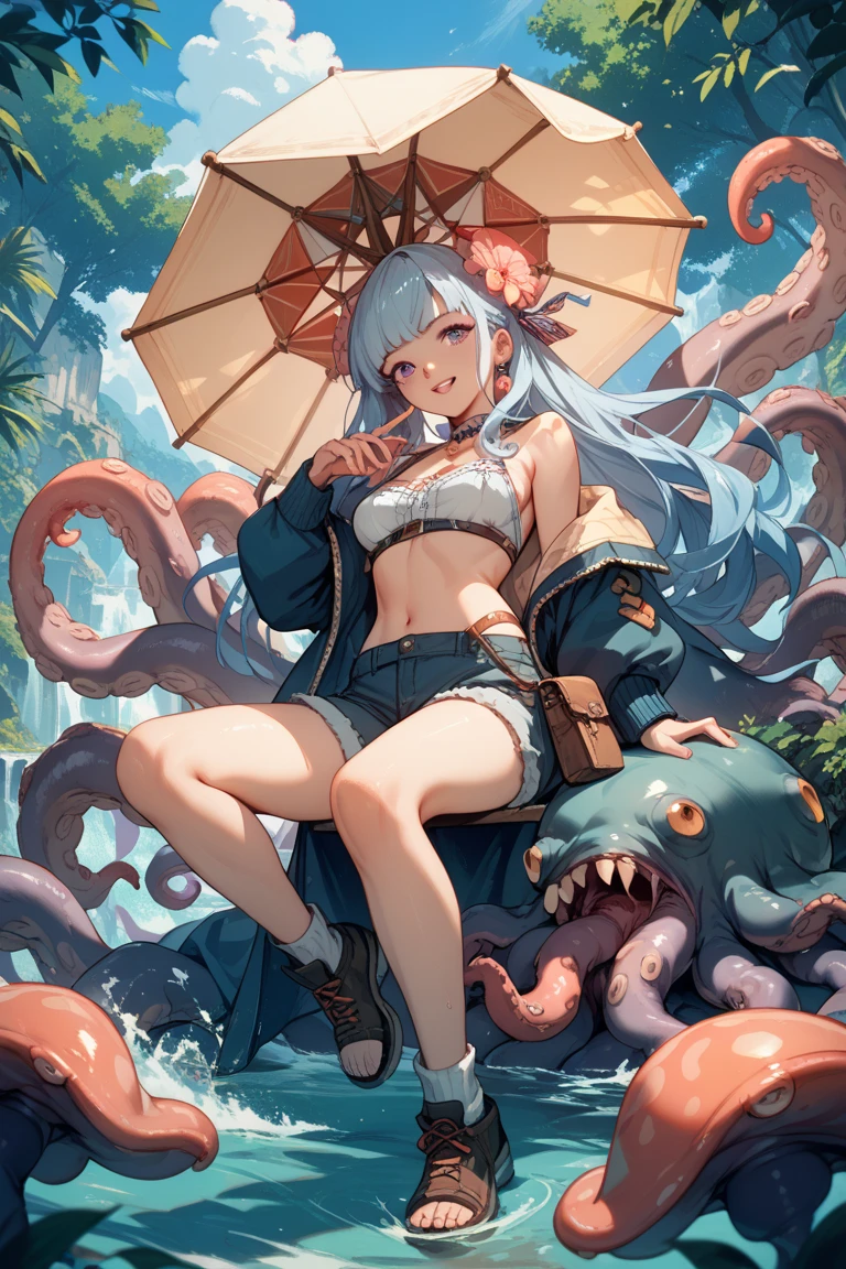 (((best quality))), (((masterpiece))), (Ultra-detailed:1.3), (Highres), Amazing, intricate, illustration, (artgerm:1.2), (((extremely detailed wallpaper 4k CG unity))), official art, original, intense angle, sunlight, (high contrast:1.2), (colorful), cinematic lighting, (an extremely detailed and beautiful:1.33), ((young petite female model)), (cute:1.33), sitting, ([diamond:1.3|eyes]:1.2), big round eyes, v-shaped_eyebrows, long white eyelashes, (seductive laugh), ([opal:1.9|gradient_hair:1.3]:1.2), (hair dripping:1.25), (detailed super oily shiny skin:1.2), (skin dentation:1.2), ([wet:0.8|mucus]), armpits, (detailed hands and fingers:0.9), simple clothes, backless, (pleats:1.2), cross_necklace, (white lavender [school open back plunging shirt:0.3]:1.3), (medium breasts:1.15), (innerboob cutout:1.2), (inguinal cutout), no panties, (sketch:0.8),the 2D anime girl sits on a giant toadstool, surrounded by giant mushrooms and colorful butterflies,no shoes,(wet) clothes,(wet) thighhighs,She has a curious and adventurous expression on her face,as she explores the strange and wondrous garden. (blush),Her hair is styled in pigtails, the color of candyfloss, adorned with a pair of oversized bows. She holds a lollipop in one hand, and a butterfly in the other hand. The atmosphere is whimsical and playful, it's clear that she is in her element and enjoying the moment of the fantastical garden.,specter \(arknights\), red_eyes 1girl, bangs, bare_shoulders, breasts, cloud, detached_sleeves, hair_between_eyes, long_hair, looking_at_viewer, medium_breasts, red_eyes, silver_hair, solo, very_long_hair, white_headwear(nsfw:1.0)(wet_clothes:1.3)(very_large_breasts:1.4)(female fluid ,steam,(blush,sound_effects,twitching,trembling,trembling,bouncing breasts,Untidy hair,steaming_body:1.1)   (cun in face:1.2)(nsfw:1.0) (nude:1.0)(nipples:1.5)(pussy:1.5)(stationary_restraints:1.2) plug, medium breasts,(looking at viewer:1.2)(spoken heart,spoken blush:1.2), juice:1.3),(female fluid ,steam,(blush,sound_effects,twitching,trembling,trembling,bouncing breasts,Untidy hair,steaming_body:1.1),(saliva:1.2),after_sex,(effect*_motion_blur:1.2)(cum in in face)(milking:1.0)(cun in of tentacles:1.5)(pubic tattoo:1.1)(tentacle_sex:1.5)(double penetration:1.2) (ass:1.1) , spector,