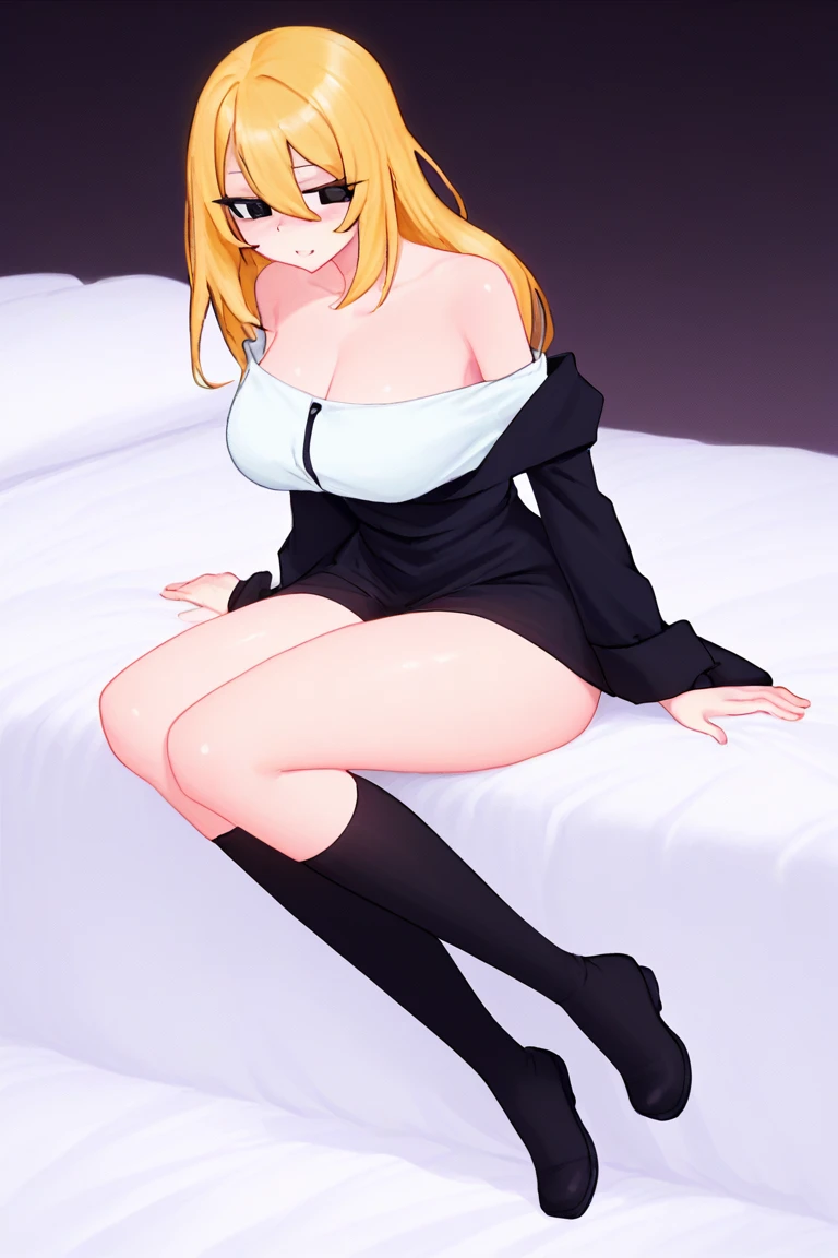 ((high detailed, best quality, 4k, masterpiece, hd:1.3)), BREAK night, window, moonlight, (Hotel Bedroom), Rosalina laying on hotel bed, BREAK neon blue eyes, seductive, attractive, sexy smile, smiling, smooth anime cg art, 36C breasts, long legs, vivid colors, detailed digital art, slim body, perfect skin, blonde hair, long hair, BREAK crown, cleavage, 36C cleavage, looking at viewer, BREAK looking at viewer, extremely detailed face, navy_blue necktie, blue jacket, black shirt, blue pencil skirt, full body, (blue high heels), earrings, gem, dark black makeup lips, dark gothic eyeshadows, dark eyeshadows, black eyeshadows, black sexy lips, black lips, (dark:1.2), dark lips, very dark lips, (perfect hands, perfect anatomy), black makeup, detailed fingers, five fingers per hand, 5 fingers, (1 girl), detailed lips, detailed black lips, black painted lips, gothic painted lips, (breast focus), (arms outstreched:1.3), (breasts out:1.3), (from above:1.2), (crossed arms:1.3),