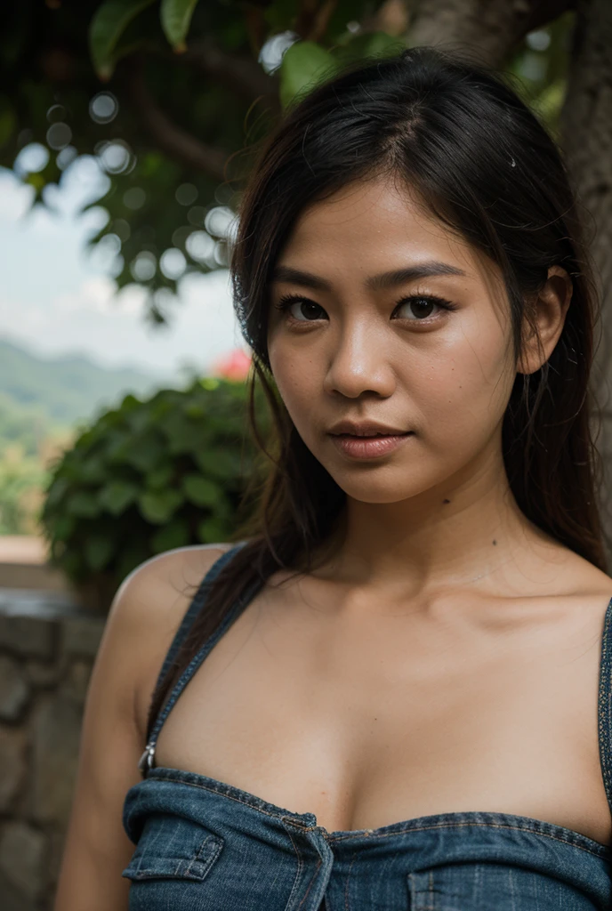 A Japanese girl, highest quality, epic realistic, (portrait:1.5), high contrast, bright skins, lowest lux, glowing face, looks incredible, (8k, Raw photo, Highest quality),(epic realistic:1.5), blushy face,(detailed eyes:0.8),(looking at the camera:1.4), (Highest quality), ( high contrast, deep shadows),long dark silky hair, silky layered hair,(Hdr:1.5),Detailed colors, Superior quality, Masterpiece, Raw Photo, (20-year-old adorable baby, looking at viewer), (wearing white tight tanktop, g string), sun-tanned lighting, portrait, perfect face, table shots, Captivating eyes, depth of field, Canon 5d, 50mm lens, f/4 apertures, (Ultra-detailed), sharp focus, 8k, Absurd, 80mm, bokeh background, photography, (medium breast, ample cleavage), (outdoor)