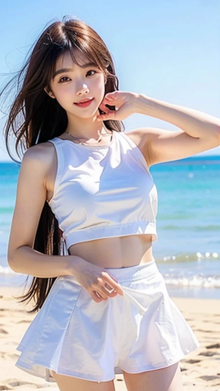 (logo、masterpiece、8k、Tabletop、RAW Photos、wonderful、最high quality、Photorealistic and Very detailed CG integrated 8k wallpaper、high quality、Very detailed、Narrative poem、Particle Effects、Dynamic Effects、Written boundary depth、Cinematic Light、Lens flare、Ray Tracing)、Fantasy、 (One beautiful woman、White pants、White T-shirt、White tube top、White crop top、Black-haired、Beautiful Face、True Face、Beautiful details、eye、Beautiful Skin、Ultimate Body、glamorous)、私の髪はwindに舞う、Hair flutters in wind、Hair bounces、Seaside、wonderful view、Coastal、sunrise、Sun in the background、wind、Beach