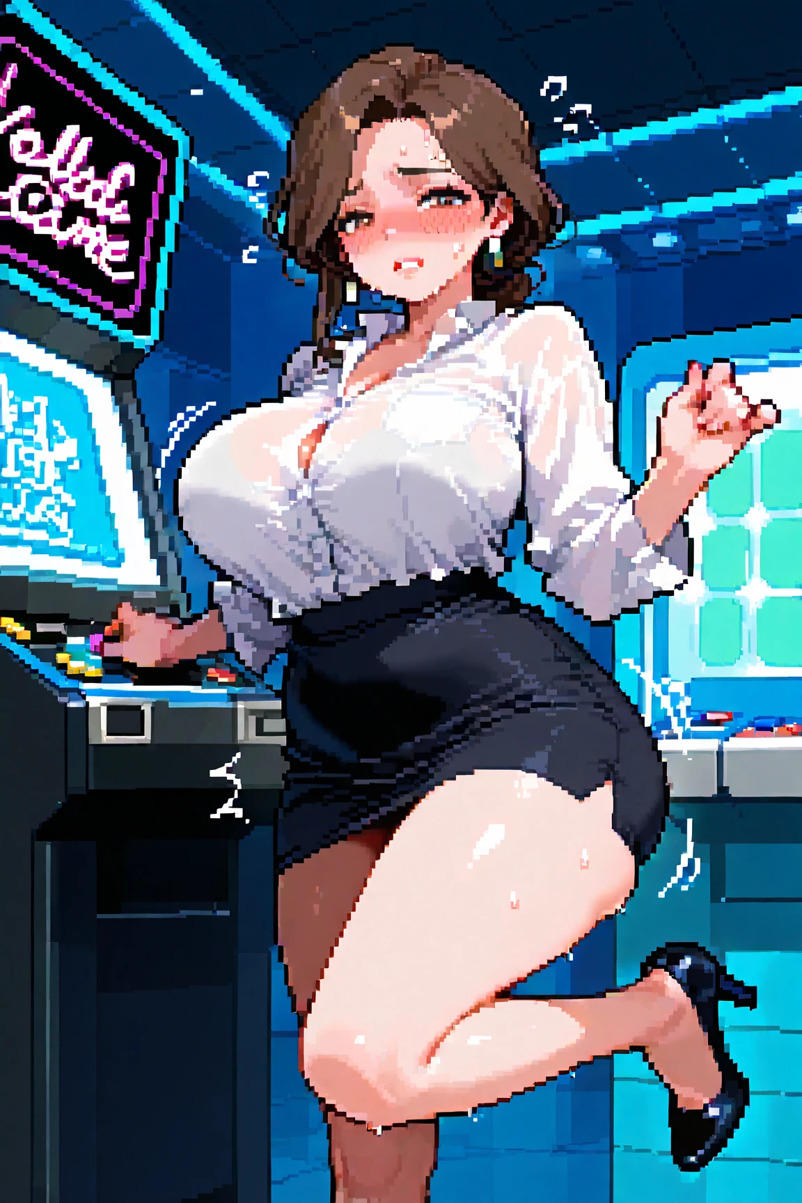 Anime illustration、highest quality、cyber punk、Miscellaneous Game Center、A plump gal with brown skin、Dance Game Machine、Casual summer clothes、Perfect proportions、Big Breasts、Thick legs、Beautiful, shining eyes、smile
