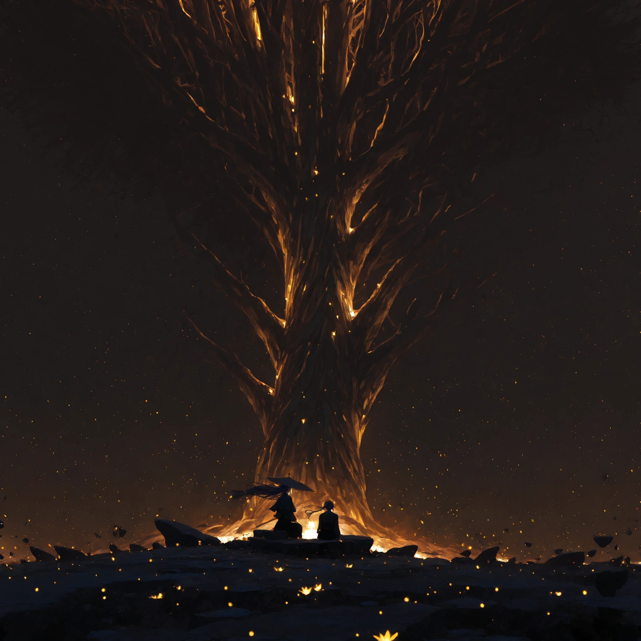 (masterpiece, best quality), amazing breathtaking image of a large majestic tree rooted atop a floating rock, centered composition, cinematic shot, fantasy setting, mystical aura, colored lighting, volume lighting, effect, professional view, professional framework, dramatic lighting, particles, under lighting, intense lighting, zoom layer, have one's back,