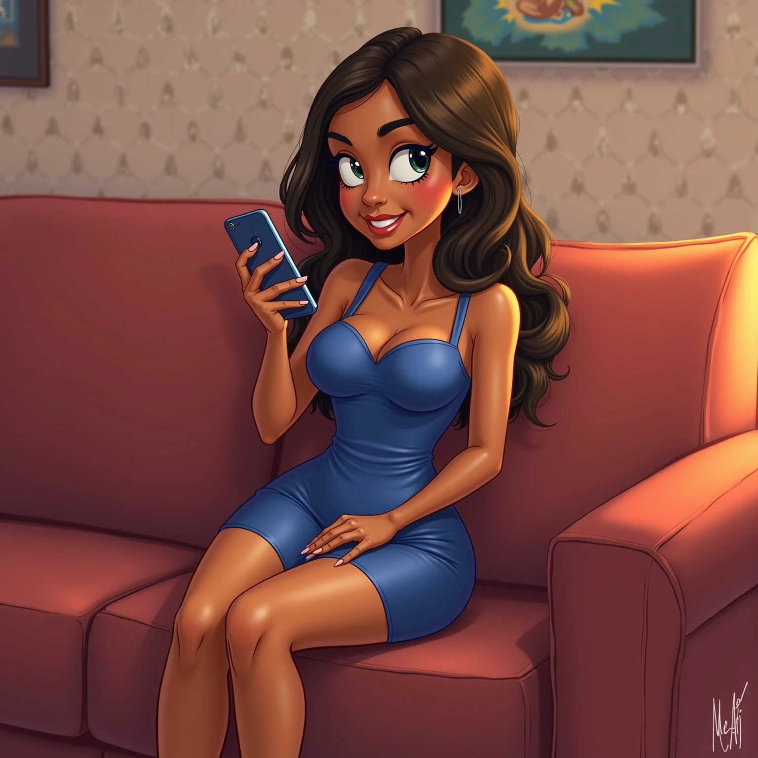 A cartoon girl in bikini in her room