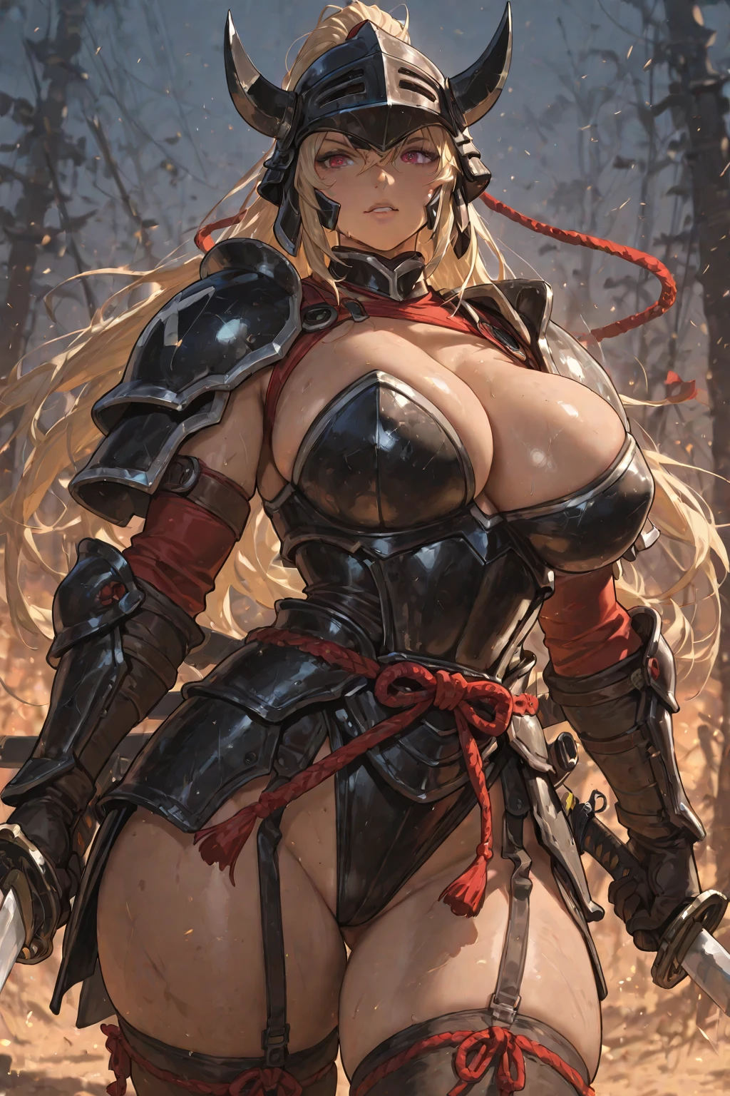 Woman samurai with  big breast, heavy muscle, naked big bosom, pink nipples, with  katana, more muscle, much muscular, wider shoulder, make her wet, heavy muscle arms, wearing samurai helmets, with full armor, hole body 