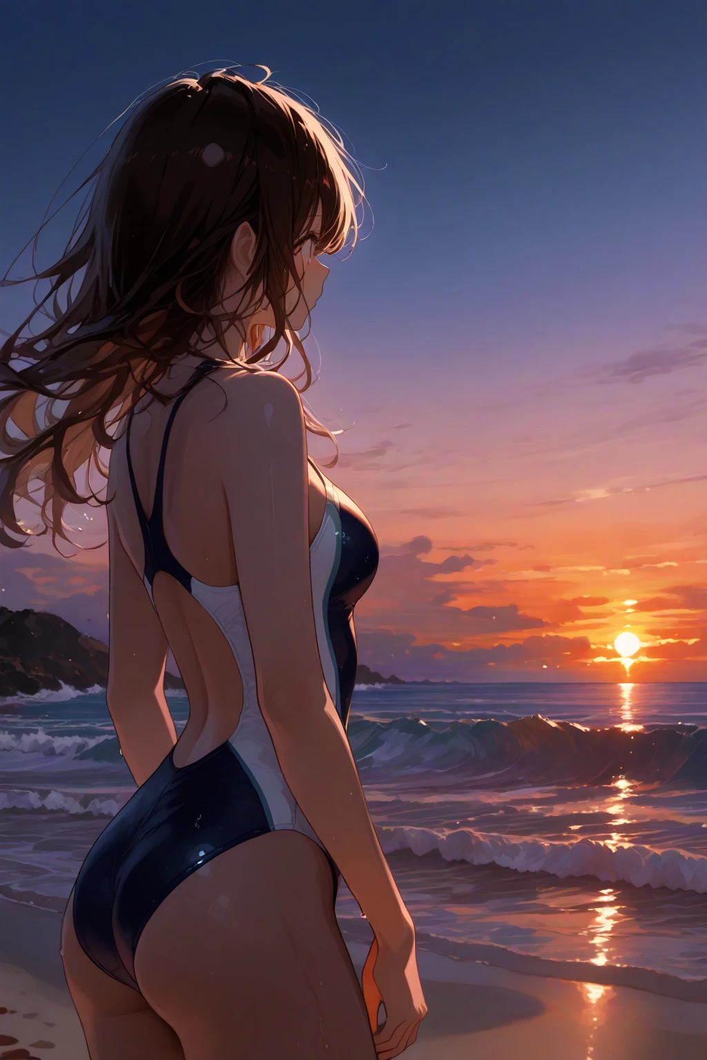 ((Highest quality、masterpiece、8K、Realistic、超High resolution、Very delicate and beautiful、High resolution、Cinema Lighting))、At the sea in the moonlight、((A woman is combing her hair:1.6)), ((Back view:1.8)), ((look back:1.6)), She has long hair、The hair is wet with water drops。(Fascinating swimwear design:1.8、Drops of water glisten on her back)。In the background you can see the clear blue sky and the moon.、The surface of the water is undulating、shining brightly。The woman's pose is natural and relaxed.、The overall atmosphere is like a refreshing summer day.