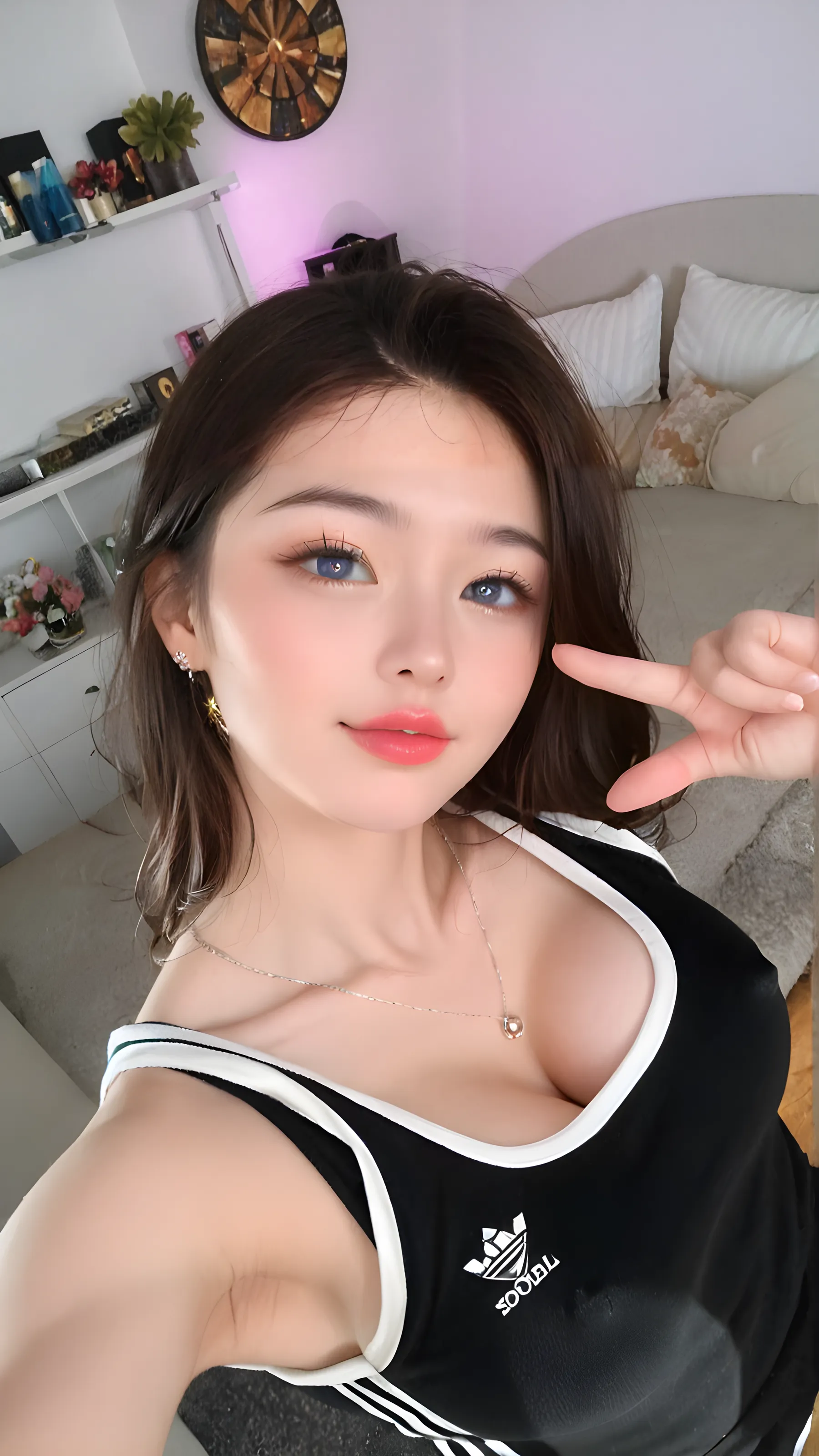 1 girl, in a hotel room, smile, Close-up,Sleek-shaped face, clear white skin,