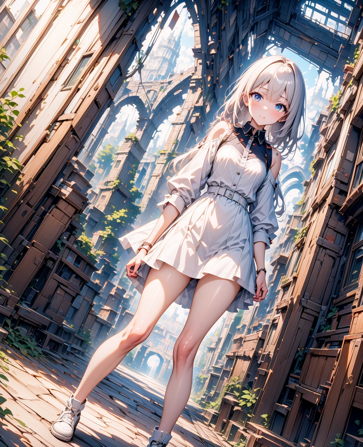 solo, standing skinny girl, long white hair, (white frilled white dress), (very short dress), white frilled tops, sheer dress, bared shoulders, too tight corset, white thighhighs, white thigh strap, BREAK, red eyes, BREAK, golden tiaras, BREAK, (show off large breasts), cleavage, collarbone, BREAK, skinny long legs, show off thigh gap, BREAK, smile for viewer, (nsfw:0.5), slipping vagina, areolae slip