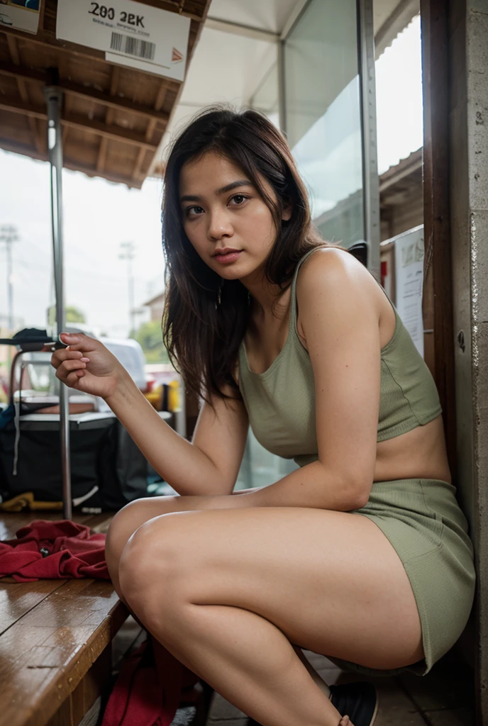 Gorgeous Burmese student girl, in the bad room, neon lights, beautiful body, upper white and lower green outfit.open leg.open mouse.open bra.