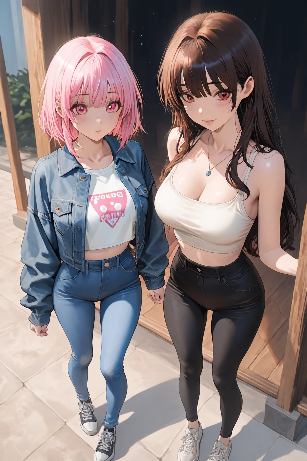 (2heads:1.1), (1boy:1.1), (male female couple), red eyes, short pink hair, short blonde hair, cute, (masculine:1.5), (masterpiece), (high quality), (best resolution), :D, cute face, black nails, looking at viewer, anime convention, beautiful background, hand on hip, (pink hoodie), skirt, (wide hips:1.3), (thick thighs:1.3), (masculine chest:1.1), (flatchested)
