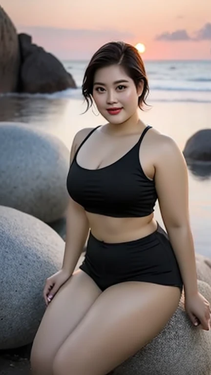 Close-up of a woman sitting on a bench by the sea, tall and big,Slightly fat,Wear tight, simple clothing, Black top, wearing Tight shirt, Tight shirt, Sexy :8, Sexy girl, Thickness, Charming and seductive, Curved model, Tights, Wearing a cute top, Tights, Beautiful lady, Attractive girl, Asian Girls, Stunning beauty