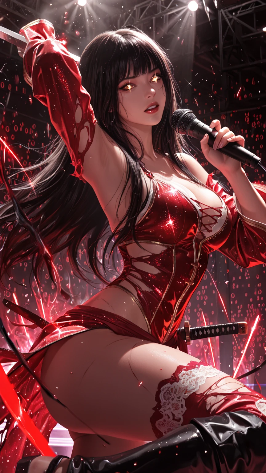 Young beautiful woman,(Highest quality,Extremely detailed depiction,Incredibly absurd high resolution,Anatomically accurate depiction,Curvy Legs),(Glowing Skin、Shiny skin、Oilskin),(A succubus disguised as a bunny girl),(High gloss latex bunny dress,High heels,black tights,Tanned brown skin,Perfect body),(A seductive smile,blush,eyelash,Sidelong glance,Glossy red lipstick,Part your lips,There is cleavage in the chest,Large Breasts,Reaching for this,Seductive pose),A little sweat,background:Inside the casino