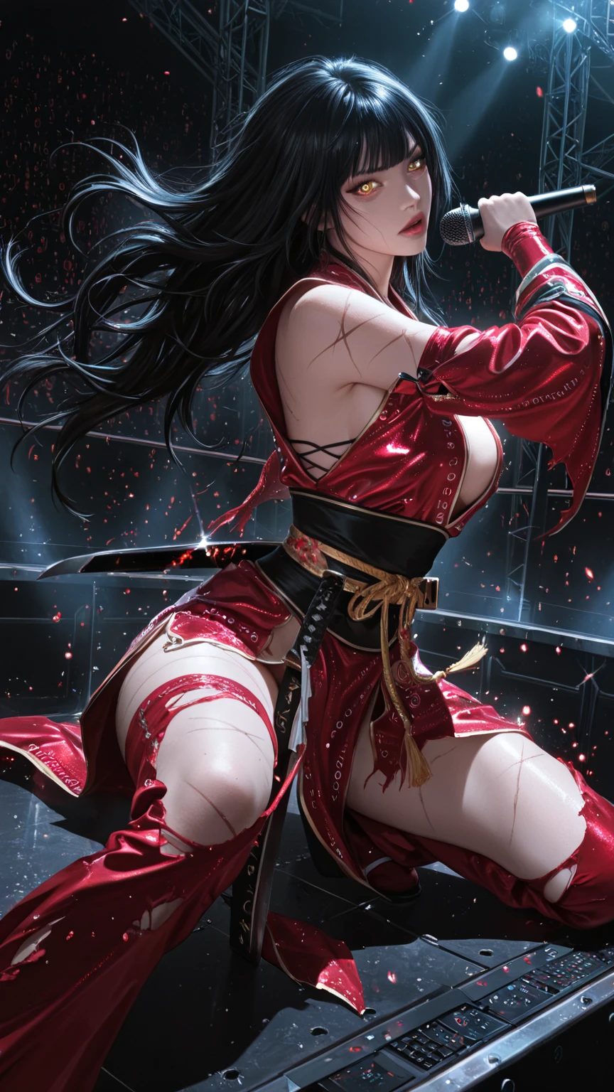 (((dramatic)))), (((gritty)))), (intense))),anime character,1 girl,solo,black hair long, beautiful face, beautiful eyes, vivid colors, night, highest quality digital art, stunning art, wallpaper 4k,8k,64k, hd, incomparable masterpiece, dynamic lighting, cinematic, epic, sexy, big, shiny big, chest that is about to spill out, ((red ninja clothes with a torn shiny mesh pattern, ninja, Japanese long boots, skirt))), large cleavage, copious sweat on the body, blush, hollow in the chest, tied behind with a rope, legs open, legs open, chained, large, hands chained, shackled, slave collars, chains around the neck, in a dark basement, cobblestones with an eerie cold atmosphere, open legs, M-shaped open legs, tied behind the hands with ropes, silver chains, open legs, legs spread, hung with chains, pulled up by chains, Restraints, slaves, contempt, tears, shackles, fetters, mature adults, charm, submission, shiny skin, exhausted, piercings that do not interfere with small battles,