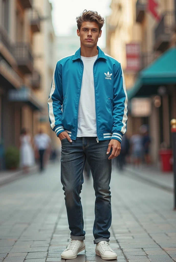 jfk2024, 1man, photorealistic, best quality, masterpiece, blue track suit, gold chain with dollar sign, hip hop outfit, breakdancer, Harlem, addidas, white sneakers,