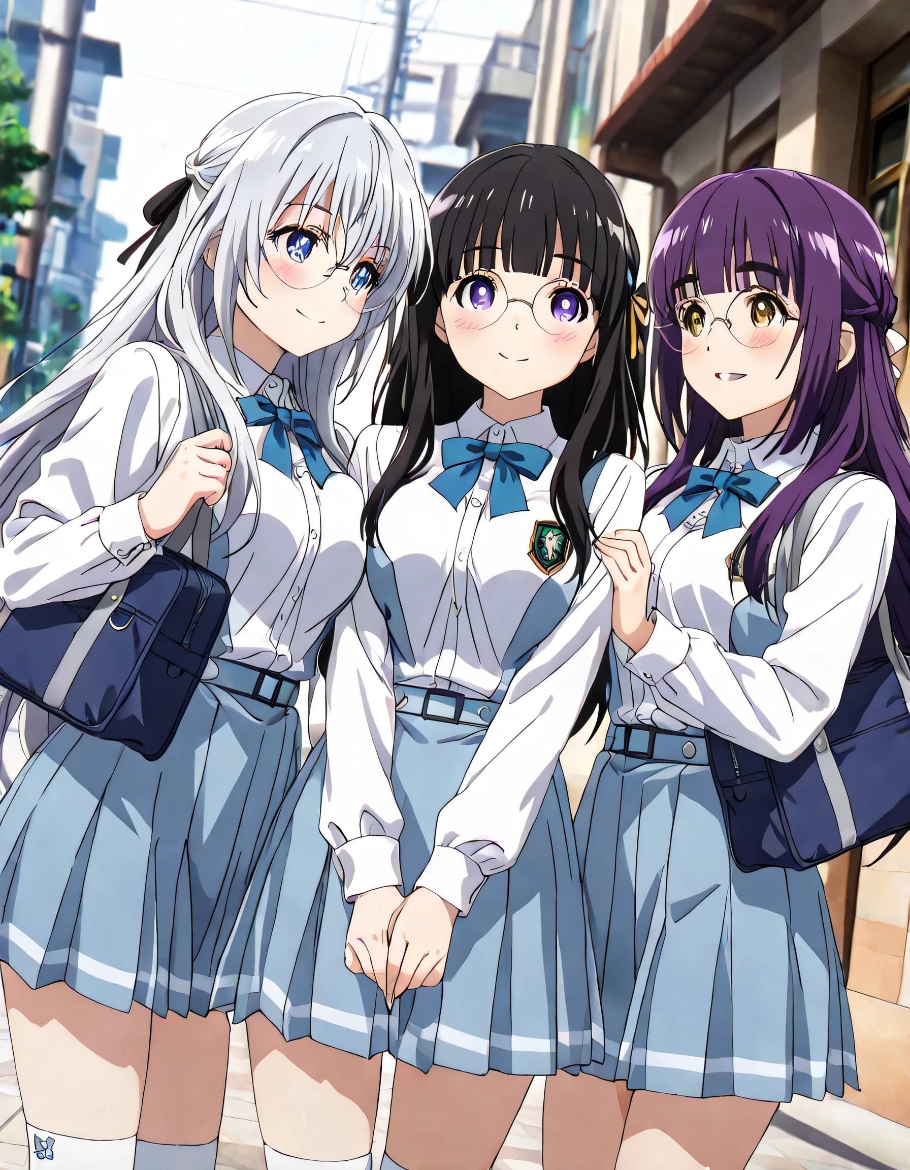 ((ultra-detailed)), (highly detailed CG illustration), (best quality:1.2), ultra-highly detailed, colorful composition, artistic photoshoot, 3girls, trio focus, Yuri:1.3, side by side, shoulder-to-shoulder:1.4, side-by-side, moe anime character, dainty facial structure, face, round face, rounded chin, short stature, school uniform, blue stripe neck bow, long sleeves white shirt, blue checked pleated skirt:1.3, and white high socks, school bag from shouder, smile:1.3, happy:1.3, joyful:1.3, blush:1.3, ample breasts, cowboy_shot, dynamic_angle, eye contact, BREAK

 (girl A is Sena:1.2), girl, thick eyebrows, half updo, sagging eyes, long hair, black hair:1.3, brown eyes, (wearing glasses:1.3), (round eyewear:1.3), black hair color:1.3, half updo, hair ribbon with light blue, BREAK

(girl B is Marika:1.2), girl, blue eyes:1.3, sagging eyes:1.3, silver hair:1.3, long hair, two side up,  hair ribbon with black,   BREAK

(Girl C is Fern:1.2), fern, long hair, bangs, purple eyes, purple hair, sidelocks, blunt bangs, bright pupils, half updo, BREAK

dynamic pose, contrapposto pose:1.3, from front, street background, cityscape, sunshine, gentle smile:1.3, blush:1.3, expecting, pink cheek, pink gloss slip:1.2, portrait, depth of field, soft lighting, sidelighting, caustics, ray tracing, lustrous skin, highly detailed face, highly detailed eyes, perfect nose, perfect anatomy, beautiful hair, beautiful small face, beautiful detailed eyes, beautiful clavicle, beautiful body, beautiful breasts, leavage, breasts squeezed together, beautiful thin thighs, beautiful legs, beautiful fingers, lovely, (very detailed background:1.0), (highly detailed background:1.0), early summer aesthetic, intricate details, fun female friend atmosphere, early summer colors palette, chromatic aberration
