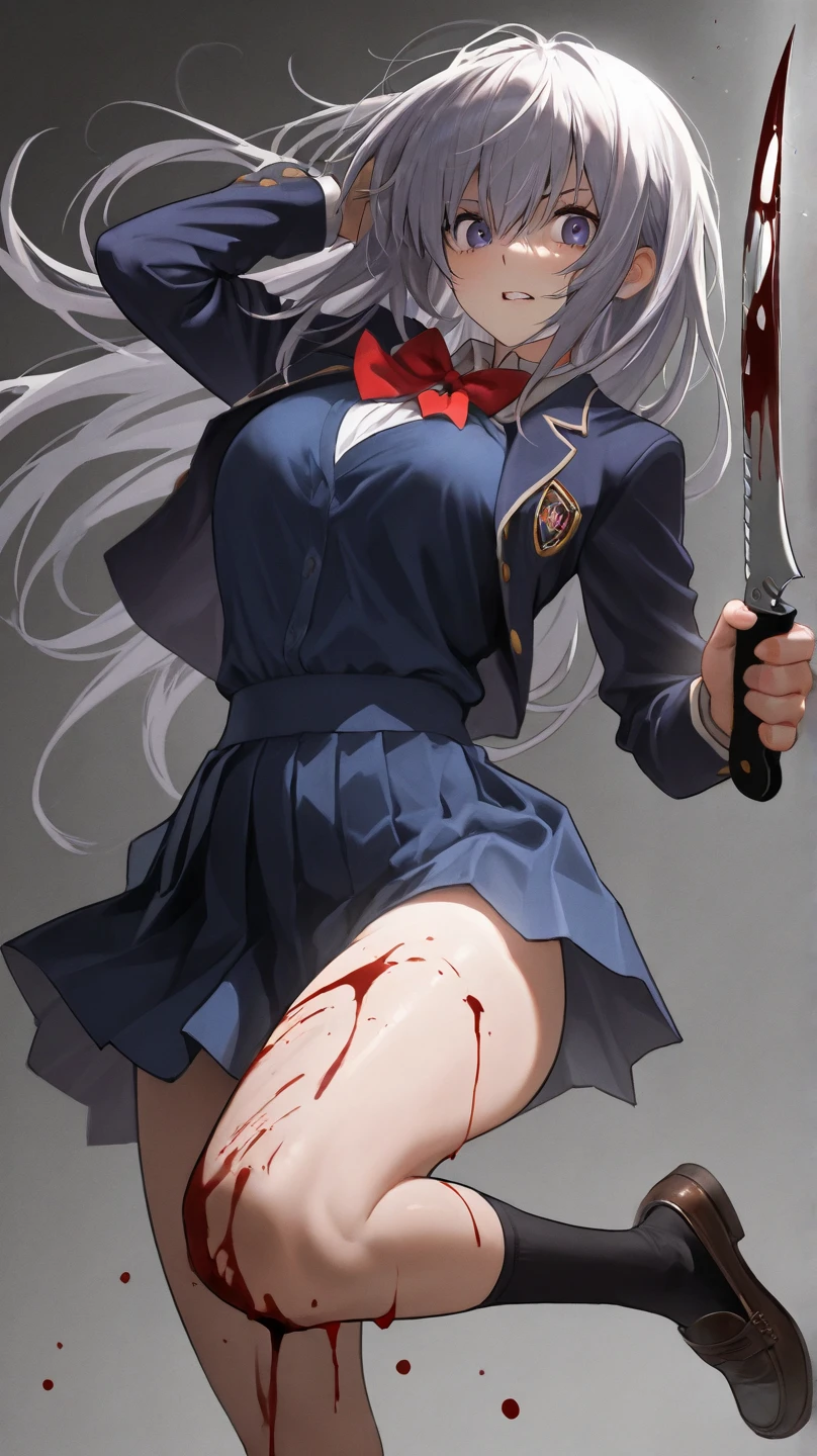 Girl with a Japan sword、Round, black eyes、Bloody white shirt、A girl covered in blood after being splashed with blood. She lifts her skirt with both hands.、Showing off cute white underwear.、Black garter belt、Black rough fishnet stockings、Plain white shirt with red tie、Plain white shirt covered in blood、Standing posture、Bloody Abandoned Factory