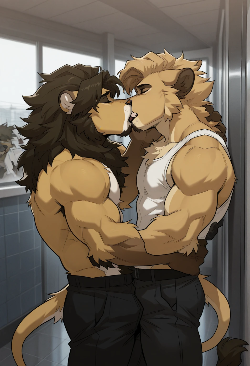 A female lion, long brown curvy hair, blue eyes, busty, naked, fully naked, no clothes, nudity, long tail. Hugging, kissing and having sex with her male lion husband, brown hairy mane, muscular, naked, no clothes, round butt, tail, hd 8k