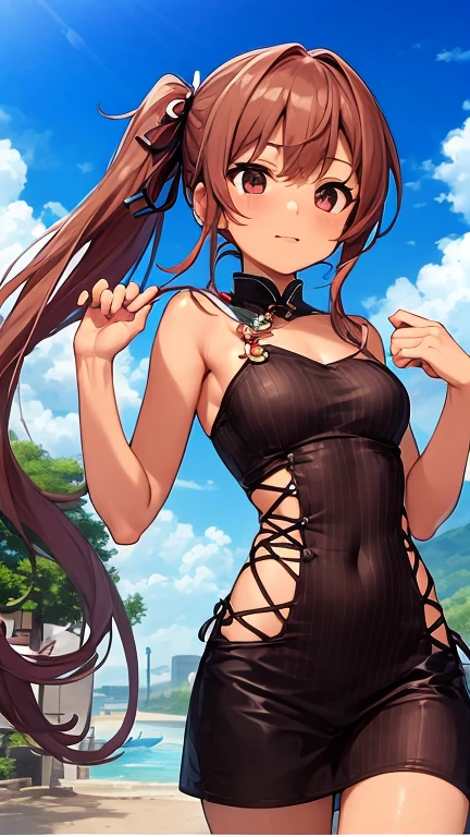 High resolution, high quality, 1 girl, Anime Girls, Brown long hair, Brown eyes, Pink Glasses, Sunburned skin, Large Breasts,beautiful breasts,pointy breasts, (Big Ass),Beautiful ass,sweat,wet,Embarrassed,gold gothic lolita,arms behind head,open legs,(water),cherryblossom,