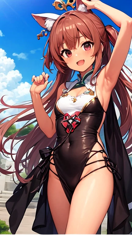 masterpiece, best quality, highres, aahuang, long hair, twintails, hair ribbon, small breasts, bare shoulders, pink leotard, sleeveless, pink thighhighs, <lora:huang_lingyin_v1:0.7>, standing, cowboy shot, outdoors