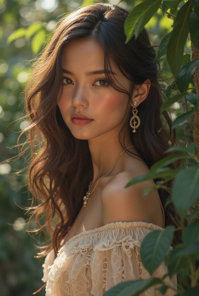 detailed upperbody portrait of an indonesian naked girl, beautiful detailed eyes, beautiful detailed lips, extremely detailed face, long eyelashes, ((exposed hanging breast):1.2), flower on ear, warm saturated colors, cinematic lighting, highly detailed, intricate details, digital art, 8k, photorealistic, masterpiece, wide angle, seen from forward