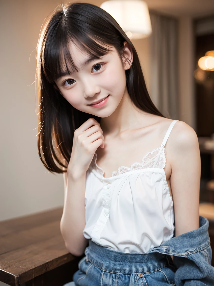 ((top-quality))、 ((masuter piece))、超A high resolution、Raw photo、intricate-detail、proffesional、foco nítido、Photorealsitic、Real life、surrealistic、photorealisim、Silhouette Light、finely detail、Highly detailed CG Unity 8K wallpapers、erfect artwork、Depth of field is deep、No perspective、细致背景、shinny hair、radiant eyes、shinny skin、realisitic、Looking at the camera、Very delicate and cute、Cute detailed girl、pure、cute large eyes、Facial Lights、Cinematic lighting、Transparent material、realistic representation of face、(intricate detailes)、no-makeup、(delicated face、Delicate eyes and face)Detailed skin、Best ratio of four fingers and one thumb、(flat-chest: 1.4)、short torso、Transcendental thin legs、Transcendent small butt、((独奏))、light、Very young face、Innocence、Facial Highlights、Professional Writing、女の子1人、White lightweight tank top with thin fabric、White Sheer Light Shorts、Back lighting、((Stand facing the front))、Hands on the hips in the style of models、florals、((non-blur))、Skinny style、((Knee shot))、((12year old))、(Beautiful pitch black shiny one-tail medium hair:1.4)、(Super beautiful girl with cute loli face:1.6)、Short stature、Beautiful shiny black hair、((Super petite and super slender girl))、((A true transcendent beautiful girl with ultra-young Japan))、Plump round face、Small face and small nose、Healthy face、Soft lips、pale cherry colored lips、(rather thin eyebrows: 1.4)、shiny large black eyes、big eye、(The corners of the mouth rise:1.4)、Clothes are see-through、Protrusions、erect through、(Shy smile:1.8)、less clothing、no sleeves、Eyes for hollow details、Floating hair、large eyes that are symmetrical、hair clips、No face makeup、