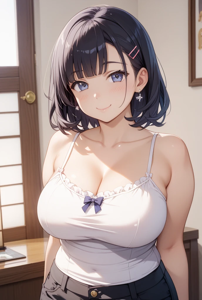 <lora:First love pajamas_20230712190140:0.65>photo_unp, <lora:weight_slider_v2:1.5>, wide hip, large breasts, blue hair,
(best quality, masterpiece, RAW photo,ultra-detailed:1.2), <lyco:GoodHands-beta2:1.0>,1girl,solo,looking at viewer,smile,