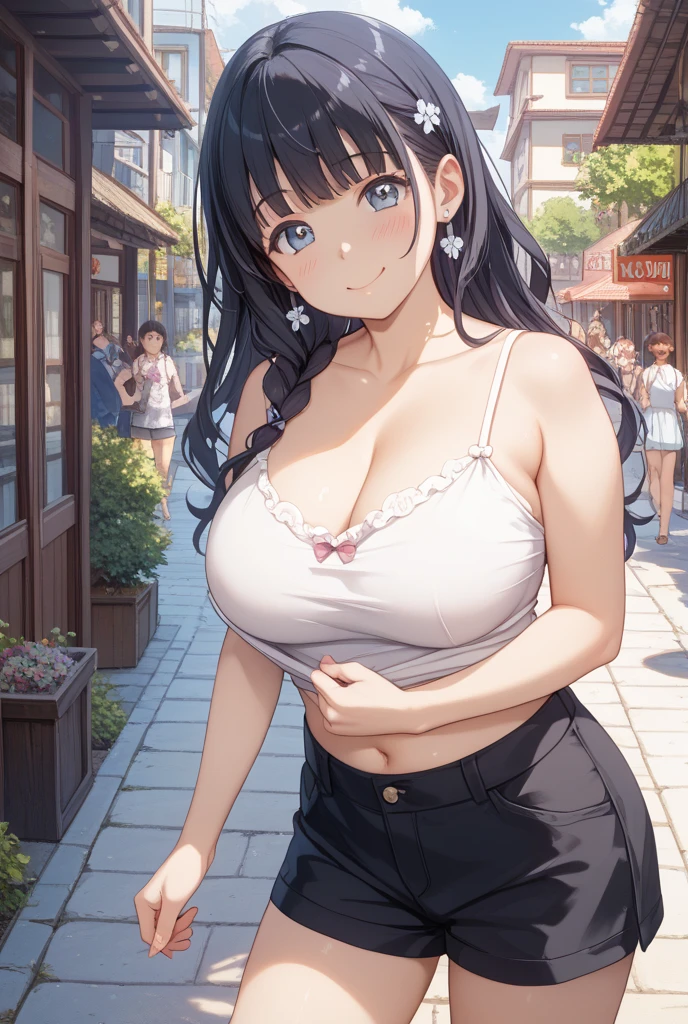 (small breasts:1.3), (perky chest:1.1), (pointed chest:1.0), masterpiece, 1girl, thin waist, big ass, small breast: 1.3, posed cleavage:1.1, solo, looking at viewer, black hair, dark black eyes, sundress, bare shoulders, jewelry, collarbone, off shoulder, medium straight hair , off-shoulder sundress, sun dress, off-shoulder sun dress, white sundress, dark black hair, with teasing expression, cunning face, sly expression, confident, teasing the viewer look, is rendered in (masterpiece: 1.2, best quality), with (ultra high resolution) and an exquisite (depth of field). This masterpiece is not only visually stunning but also tells,A scene of shopping with a busy shopping district in the background