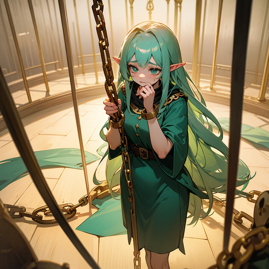 ((masterpiece)), ((best quality)), ((highres)), ((detailed background)), ((extremely detailed CG unity 8k wallpaper)), ((anatomically correct)),
(1girl:1.5), (Solo:1.5),
(((Moe))), (((kawaii))), (((short in stature))), (((10-year-old))),
(transparent:1.3), (deep slit:1.3),
(yTiki_fe),(a red collar with a chain:1.5),(red belt with chains:1.5),(red anklet with chain:1.5),(red bracelet with chain:1.5),(barefoot:1.3),(pink cape:1.3),(green hair:1.3),(pink clothes with gold trim:1.3),
(looking down:1.5), (running through water:1.5),
(open legs wide back and forth),
(bound with chains),
(chain restraints),
(drowned:1.5),
(blush:1.3),
(half-open eyes in lost consciousness:1.3),
(open her mouth in lost consciousness:1.3),
(underwater:1.5), (even her face is submerged in the water),depths-fc,
(bottom of the well filled with water:1.5),
(the ceiling is surface of the water:1.5),
(blowing in the wind:1.5),
(A lot of small bubbles:1.3),
(Fine bubbles around the body:1.5),
(from below:1.5),
(full body:1.3),
(focus on the bust:1.5),
(Dutch Angle:1.3),
(depth of fields:1.3),
(god rays:1.5)
