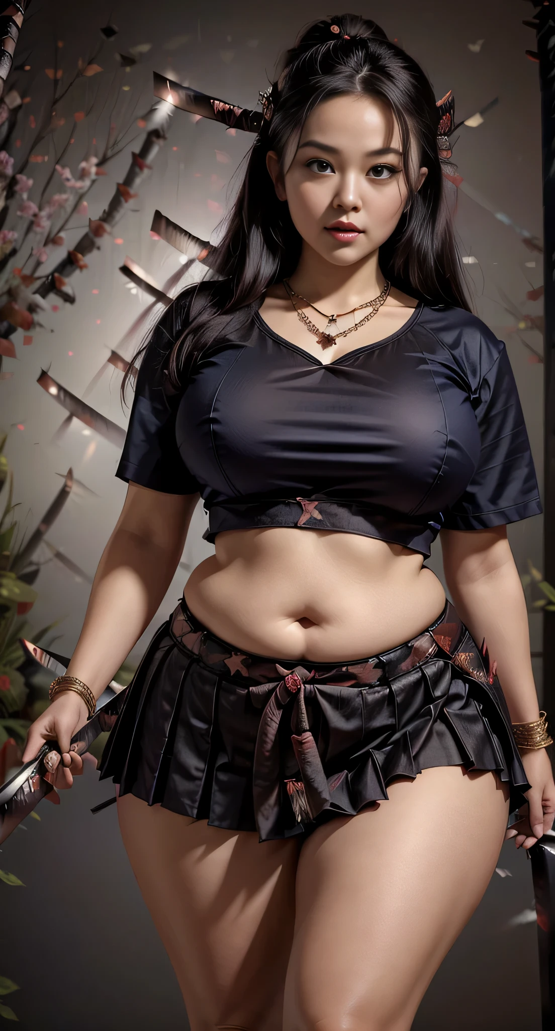 ((best quality)), ((masterpiece)), (detailed), perfect face, Female students holding katana, sword academy, katana sword, araffe woman in a dark-Blue school uniform skirt walking down a dark room, thicc, she has a jiggly fat round belly and Slashing a katana sword, bbwchan, wearing tight simple school uniform, skinny waist and thick hips, widest hips, her belly is fat and round, soft curvy shape, hyperrealistic full figure, wearing a cute top, wide hips, wearing 10 bracelet , wearing huge diamond necklace