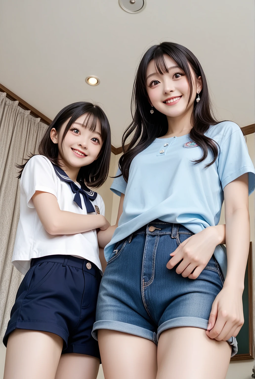Raw pictures, 4k, very realistic, super realistic, super hi-res, high resolution, vibrant color, very detailed color, detailed tone, detailed composition, family photo, 2 person photo, two person photo, a mom huge her daughter, a mom 22 years (short pixie hair, white long shirt, short jeans, white sneaker) huge a 10 years daughter (medium hair, yellow dress, yellow shoes) full body photography, smile